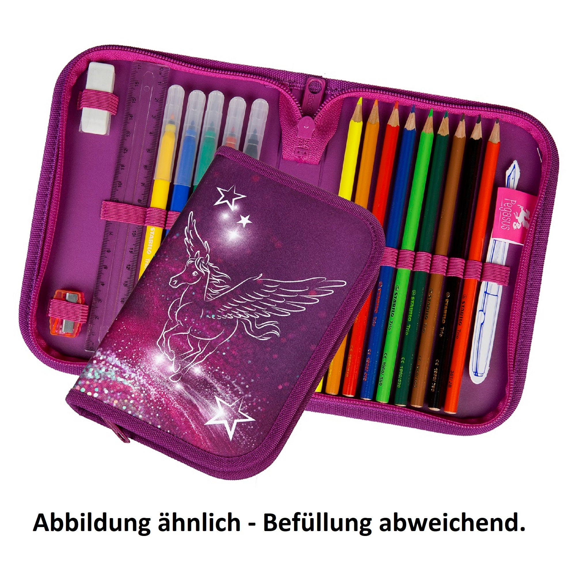 Detailansicht Füllung Federmappe + Pegasus auf Vorderseite
