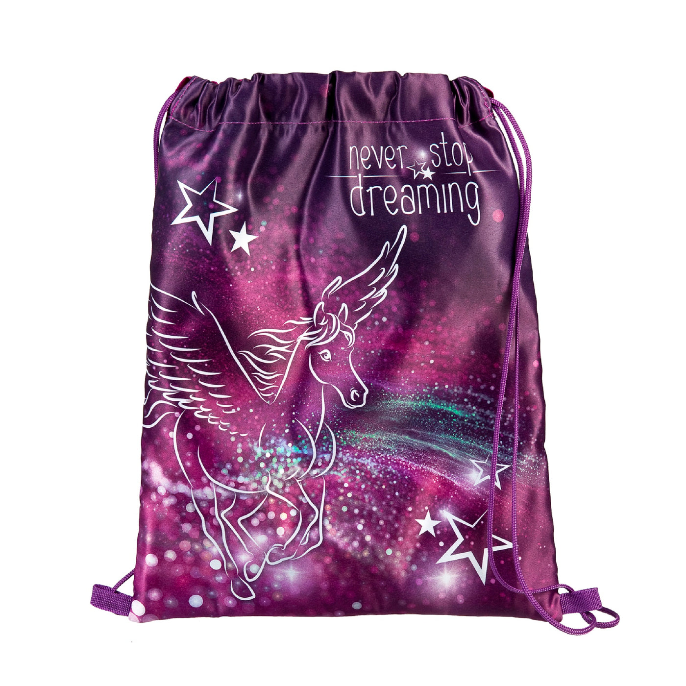 Detailansicht Turnbeutel mit Pegasus und "Never Stop Dreaming" Schriftzug