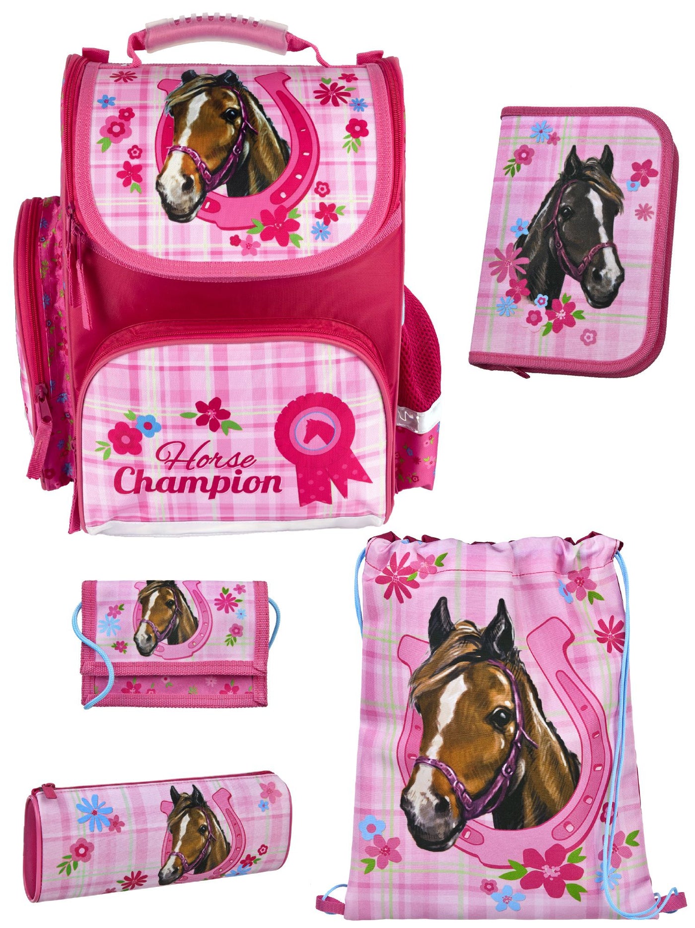 Mädchen Schulranzen mit rosa Schmetterlingen 5-teiliges Grundset mit Federmappe, Turnbeutel, Geldbeutel und Schlamperetui