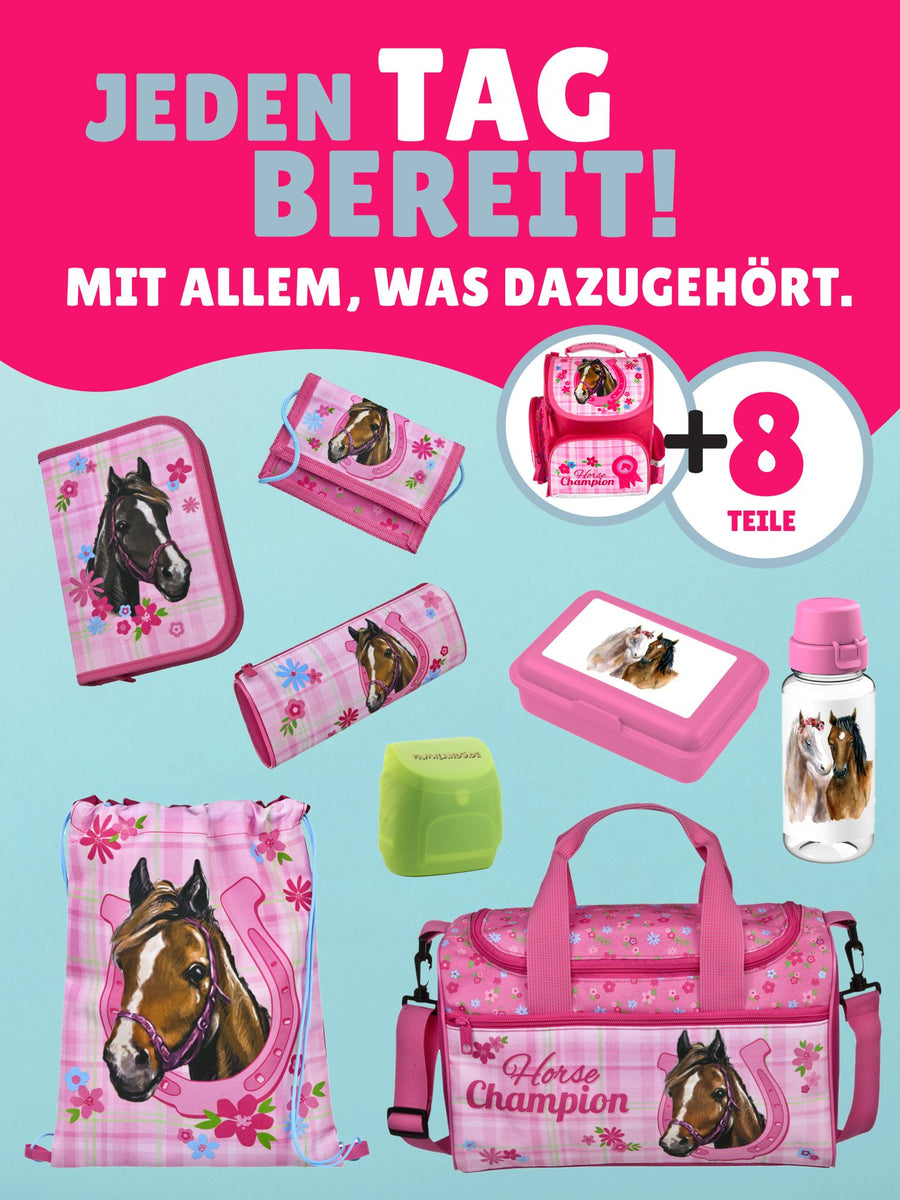 Mädchen Schulranzen 1. Klasse HORSE CHAMPION 9-teiliges Pferde Schulranzen Set mit Sporttasche