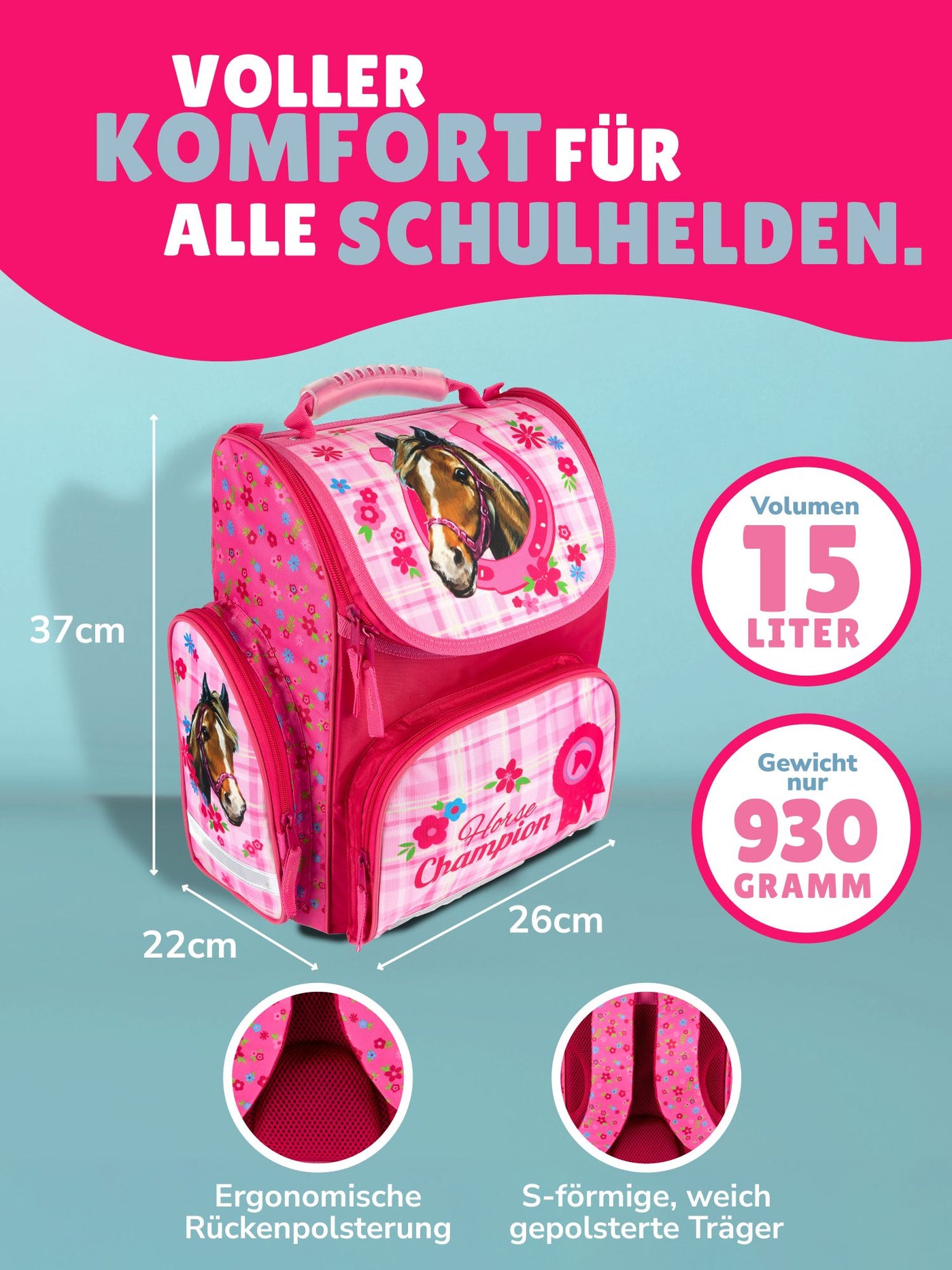Ansicht Schulranzen Frontal mit Infos zu Volumen 15, Gewicht 930 Gramm und gepolstertem Rückenbett