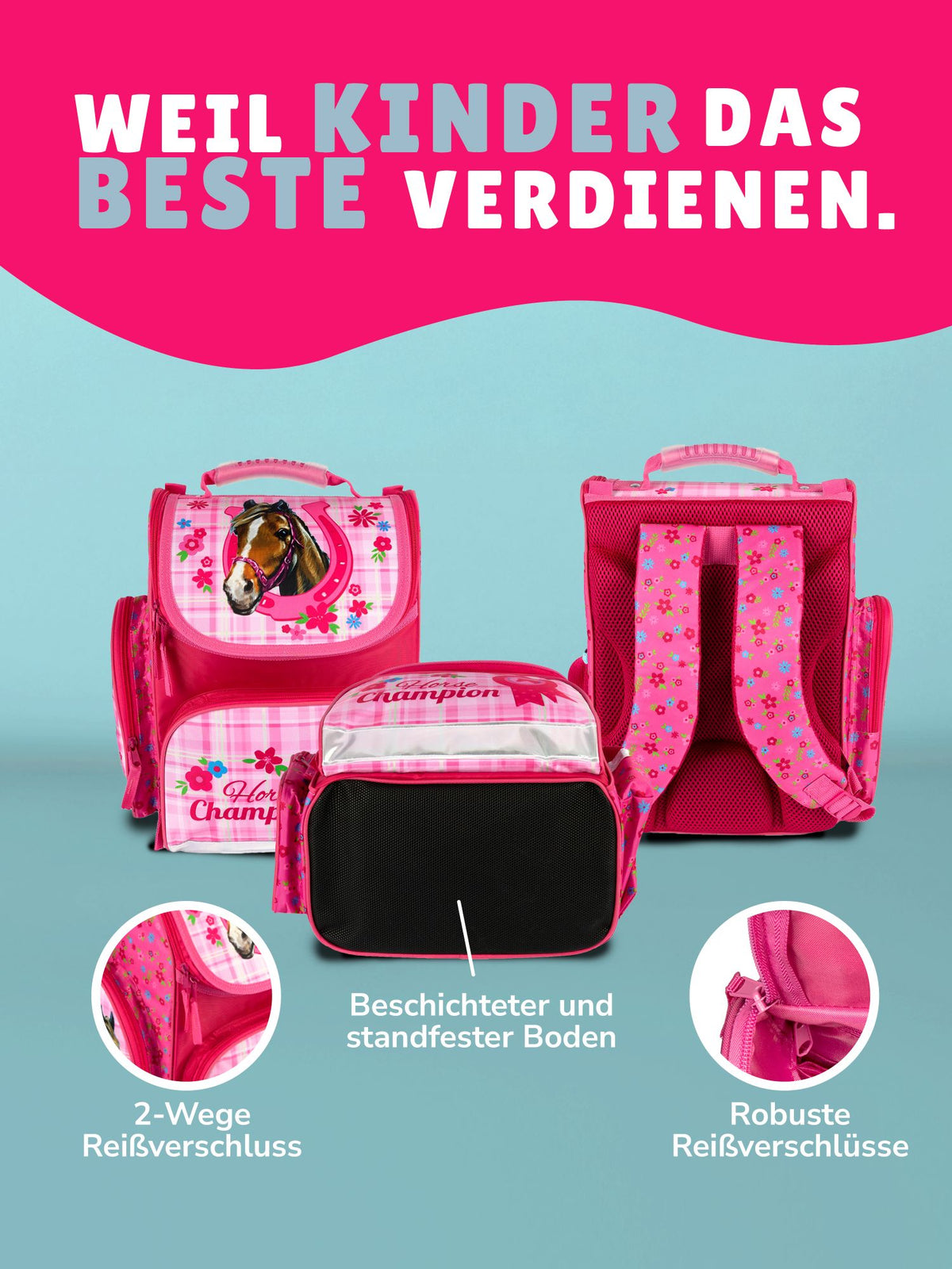 Mädchen Schulranzen 1. Klasse HORSE CHAMPION 9-teiliges Pferde Schulranzen Set mit Sporttasche