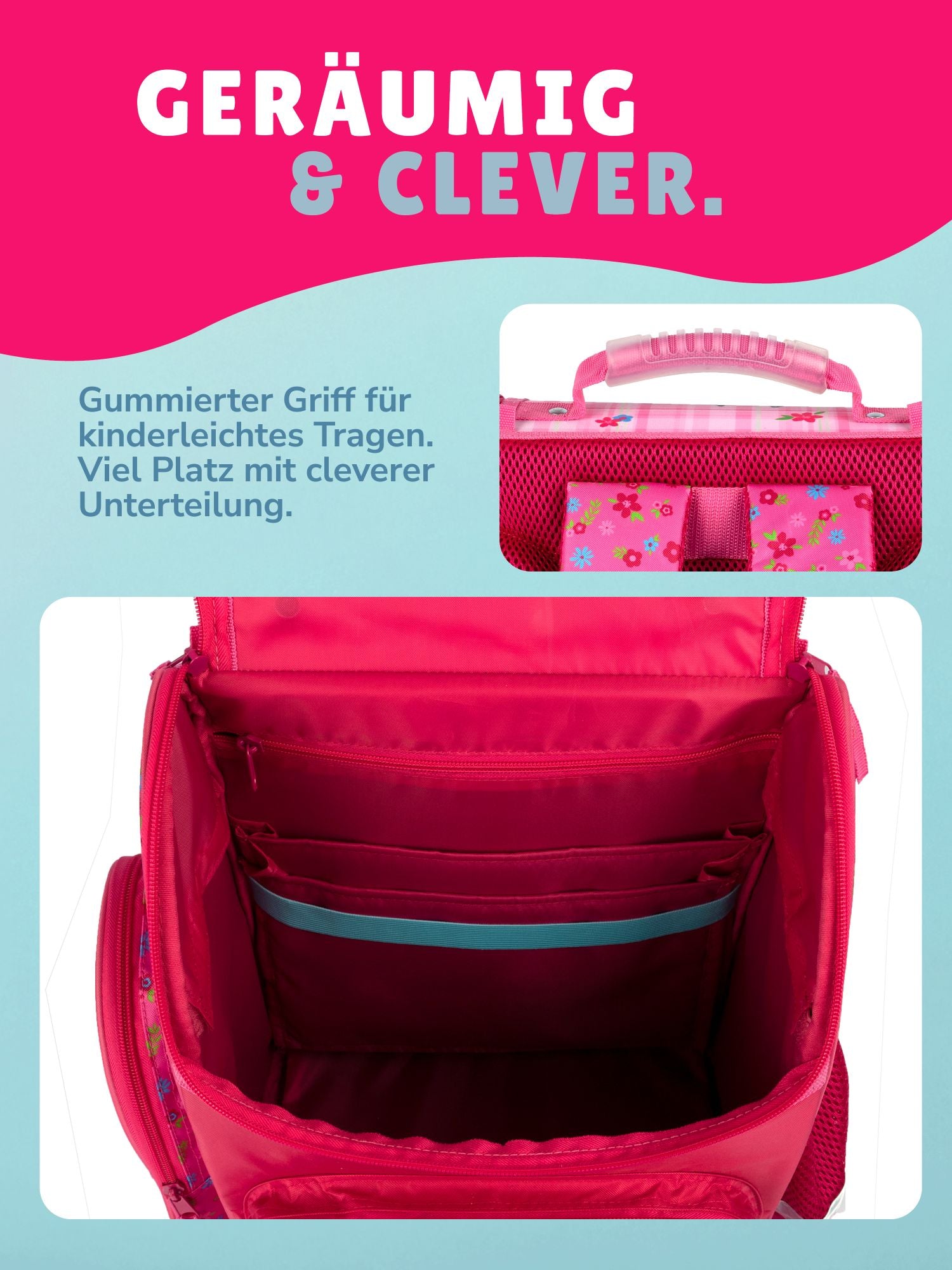Innenansicht Schulranzen mit rosa Futter und Organizer Unterteilung