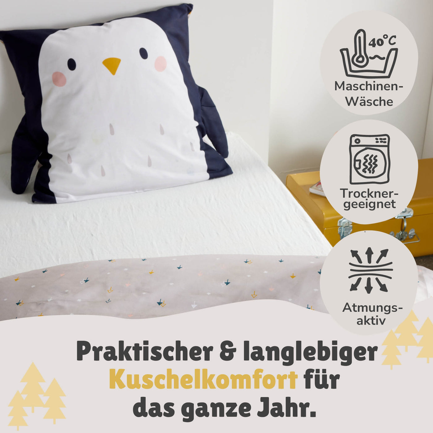 Infotafel Pflege Maschinenwäsche und Trocknergeeignet und Reißverschluss an der Bettwäsche