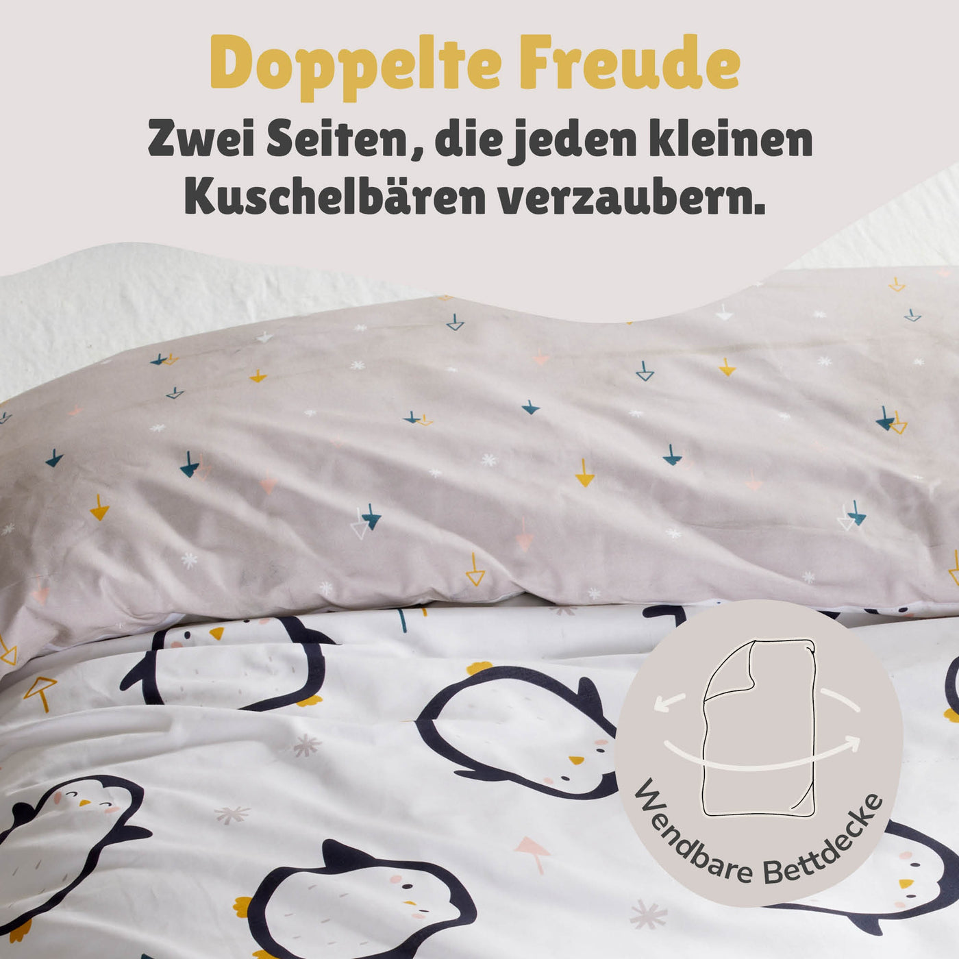 Infotafel Wendeseite Detailansicht Muster vorne aus kleinen Pinguinen und hinten aus minimalistischen Tannen & Sternen