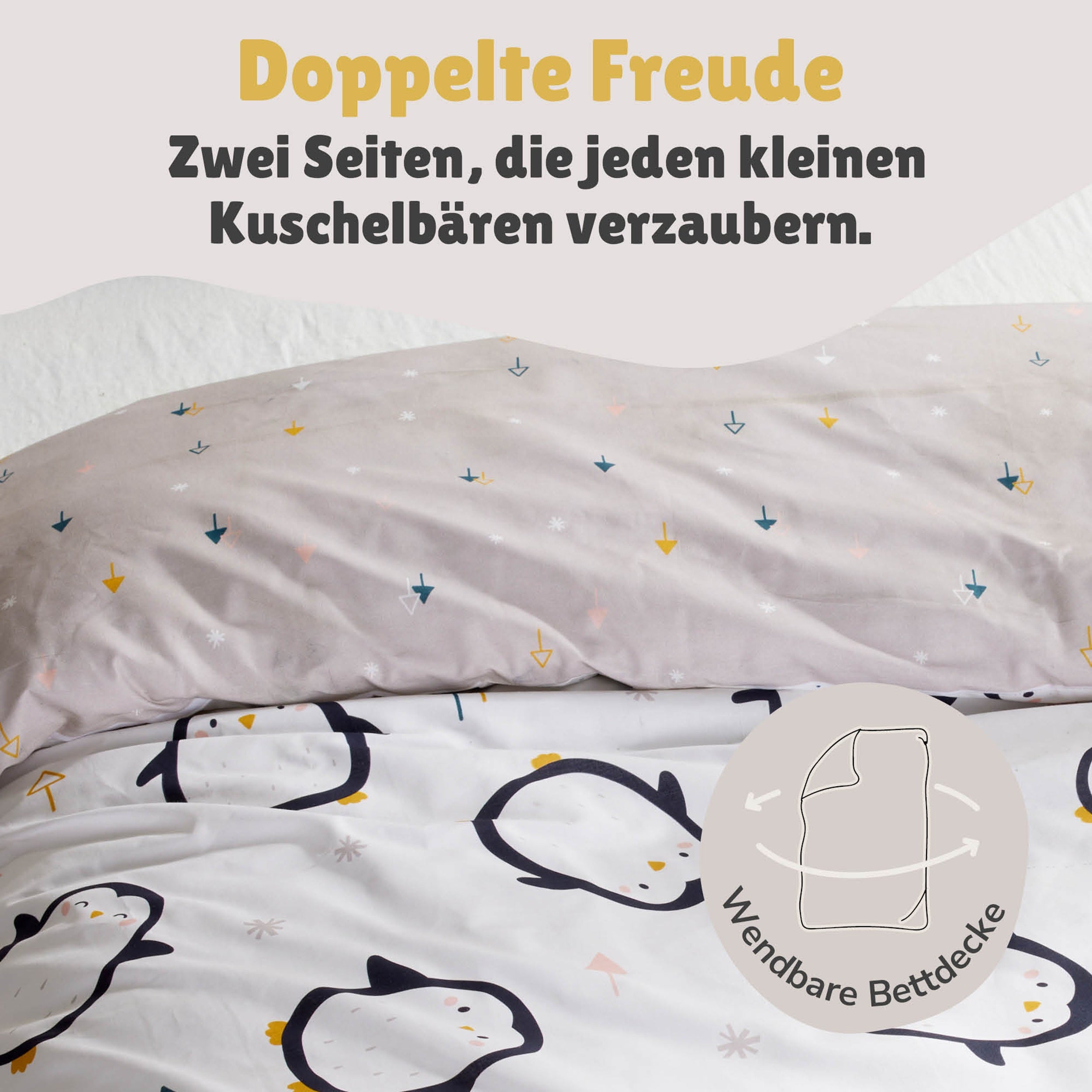 Infotafel Wendeseite Detailansicht Muster vorne aus kleinen Pinguinen und hinten aus minimalistischen Tannen & Sternen