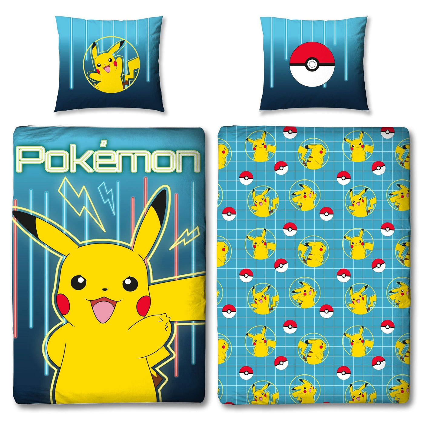 Vorder und Rückseite der Pokémon Bettwäsche mit Pikachu und Pokébällen nebeneinander dargestellt 