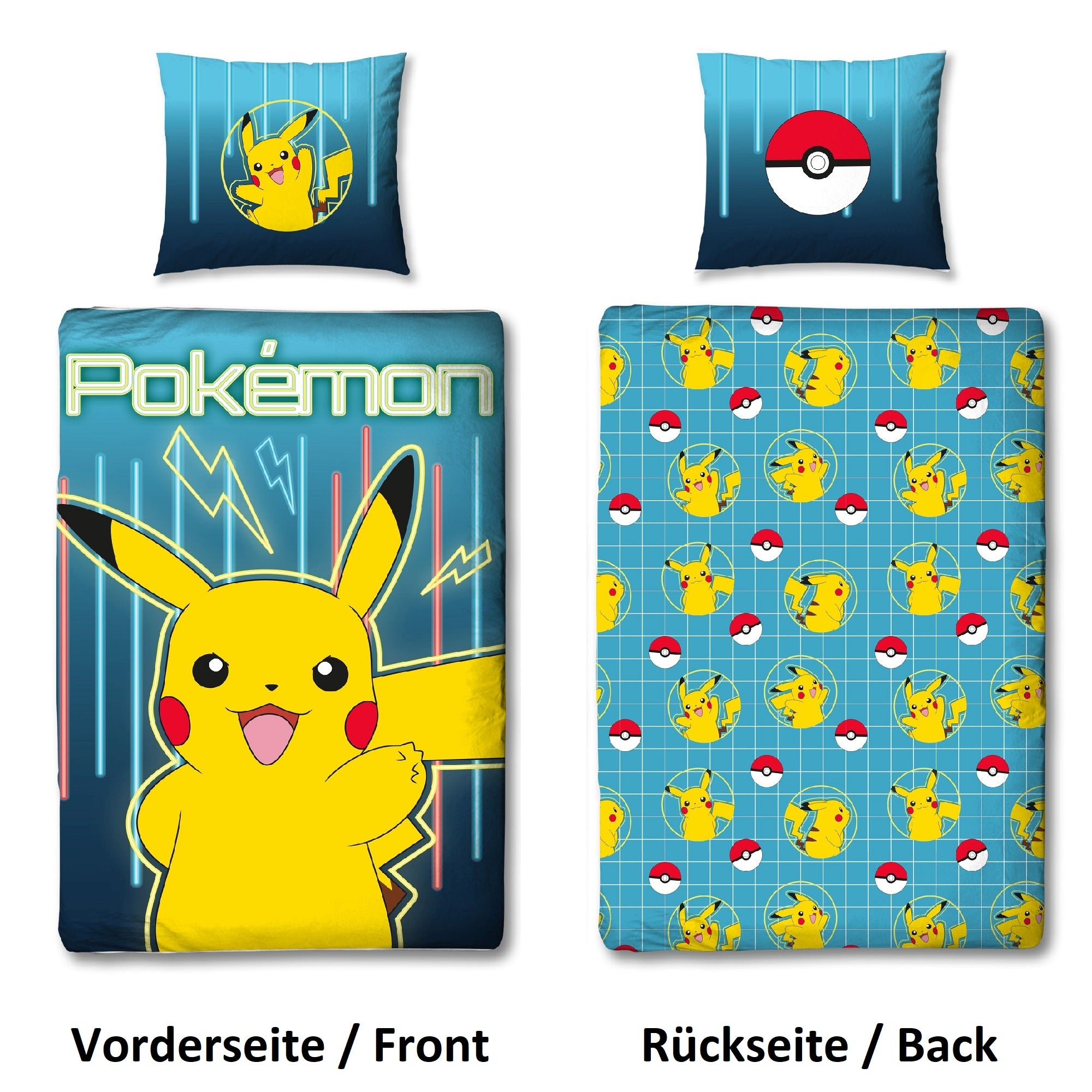 Vorder und Rückseite der Bettwäsche nebeneinander dargestellt mit Text beschriftet