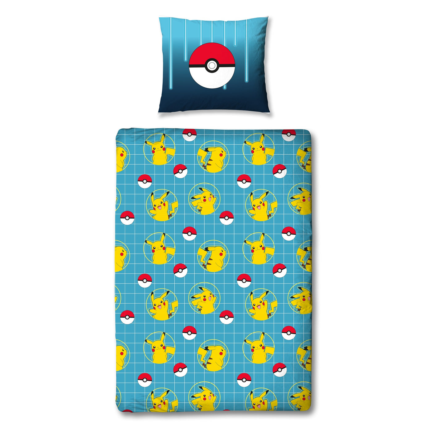 Rückseite der blauen Pokemon Bettwäsche mit Pokéball auf Kopfkissen und Muster auf Pikachus und Pokébällen auf der Bettdecke