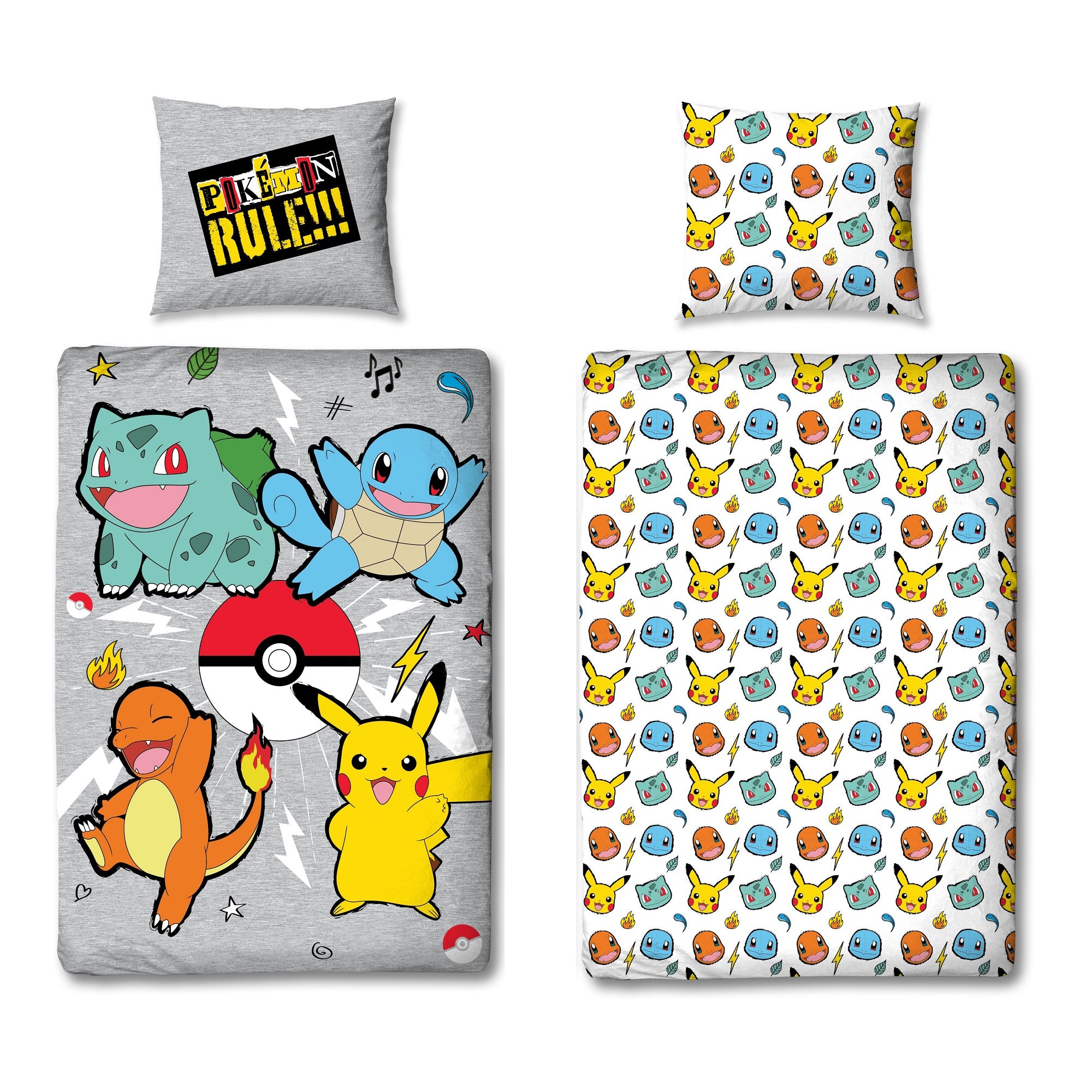 Pokemon Bettwäsche in Biber Qualität 135x200 cm Vorder und Rückseite nebeneinander abgebildet