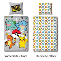 Vorder- und Rückseite der Pokemon Biber-Bettwäsche nebeneinander dargestellt mit Text