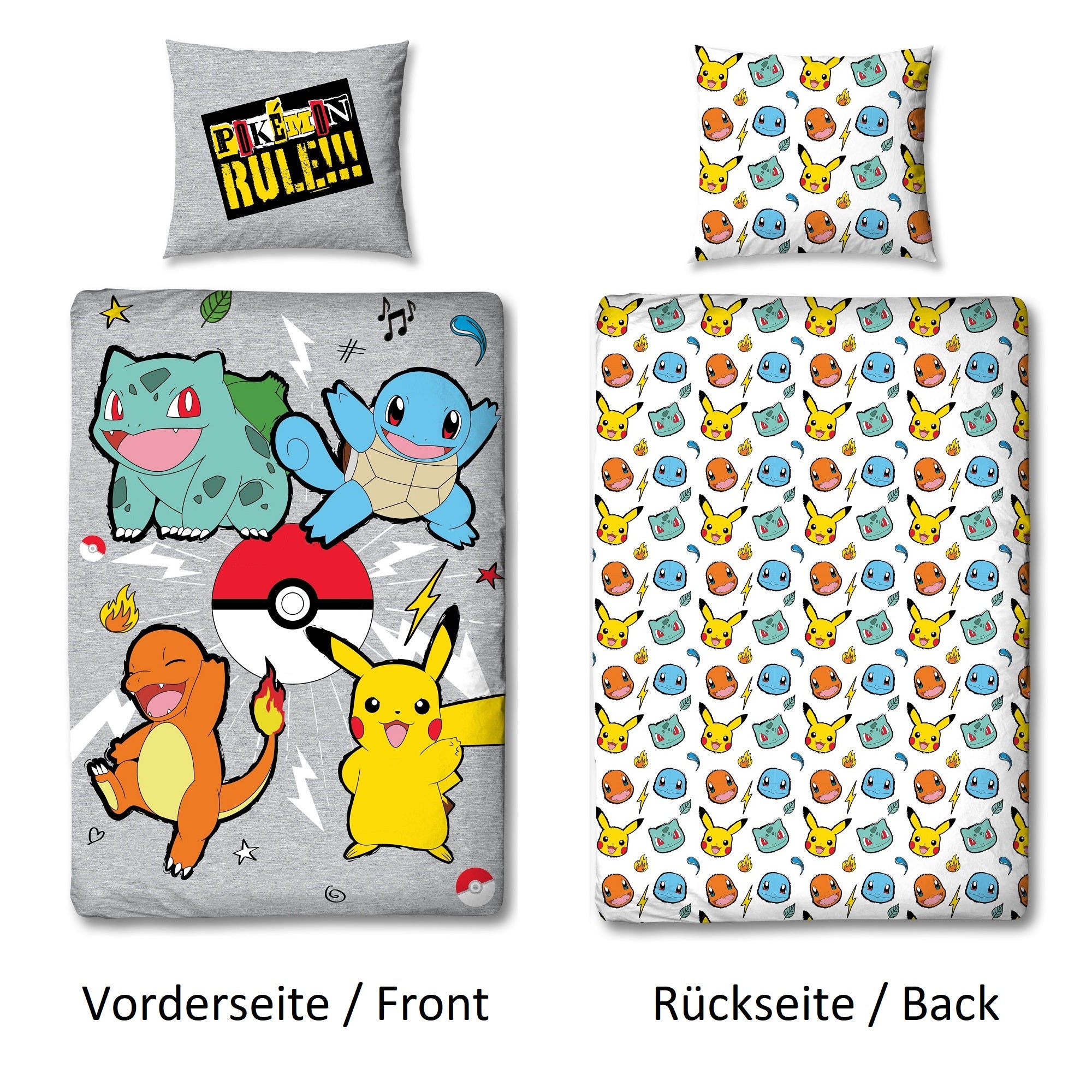 Vorder- und Rückseite der Pokemon Biber-Bettwäsche nebeneinander dargestellt mit Text