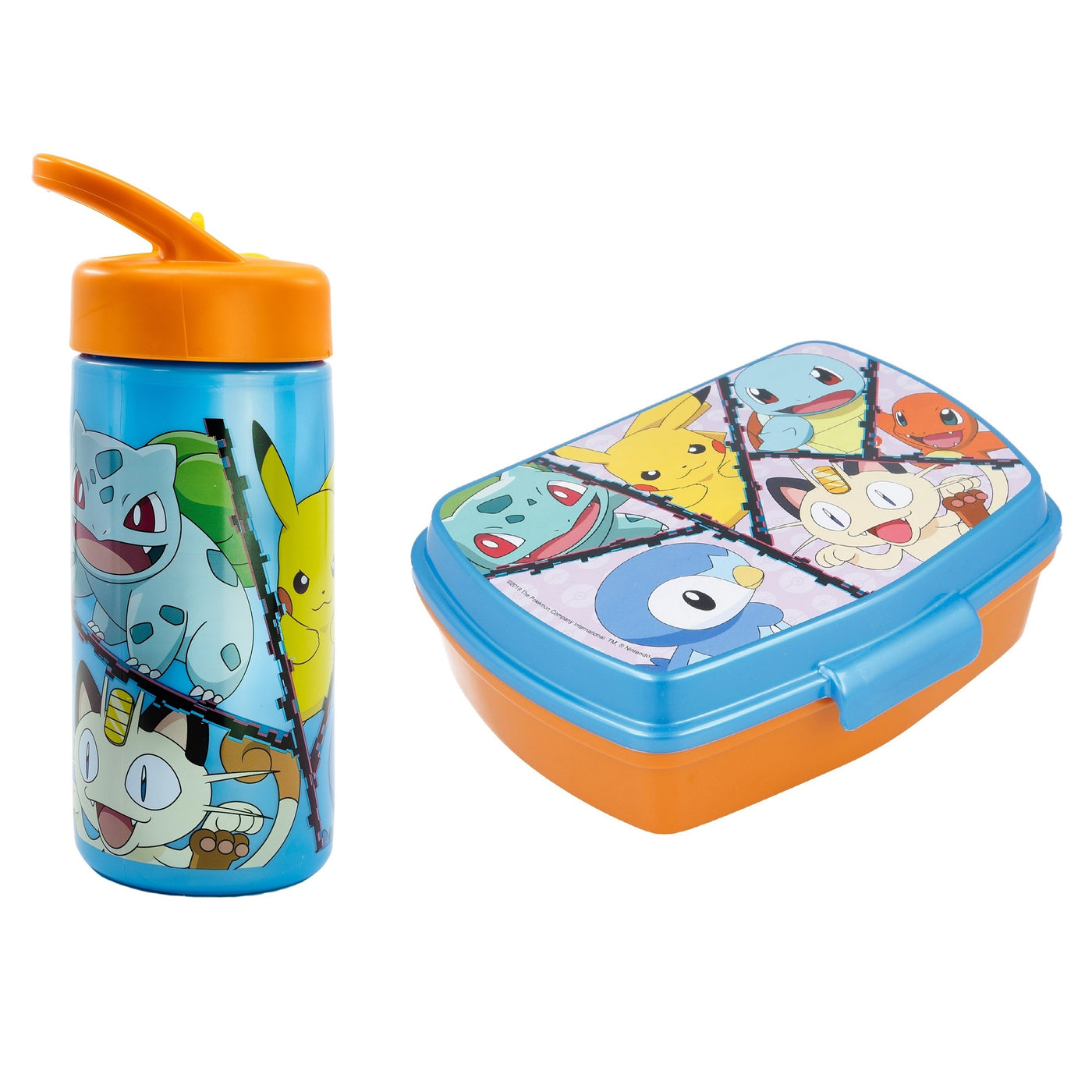 Brotdose und Trinkflasche in blau orangenem Design mit verschiedenen Pokémon passend zum Schulranzen