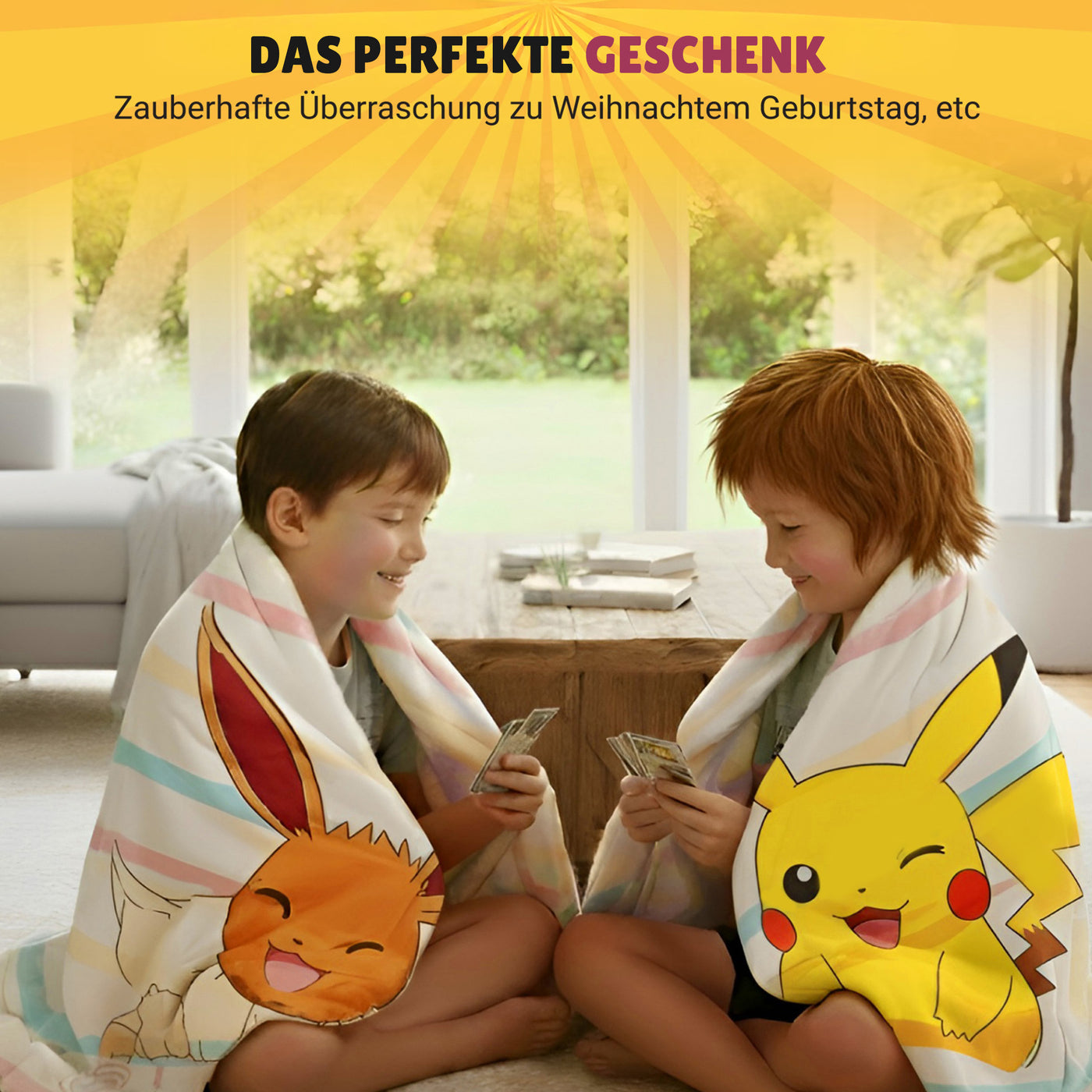 Zwei jungen spielen Pokémon Karten während jeder in seine Decke gewickelt ist