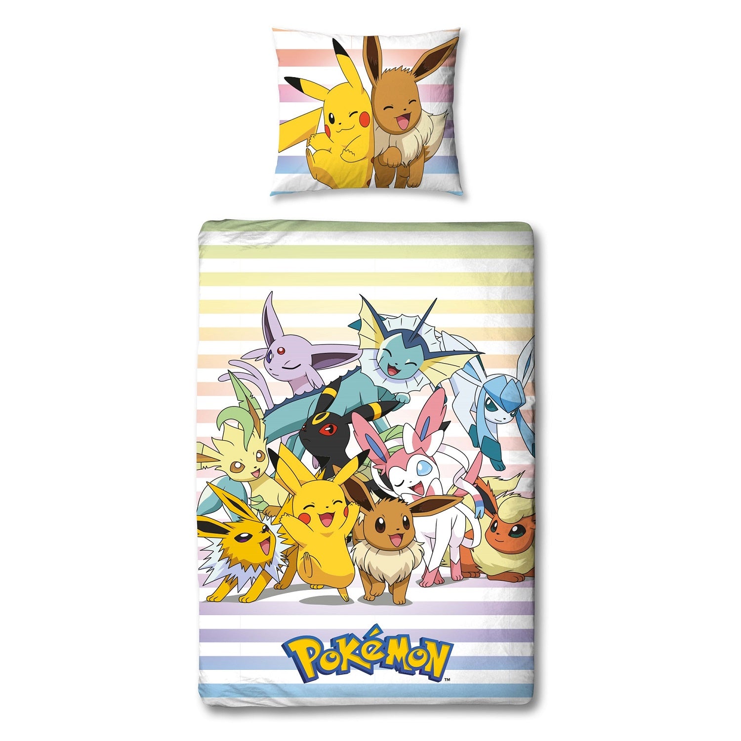 Vorderseite Bettwäsche mit bunten Streifen, Schriftzug am unteren Ende und vielen Pokemon