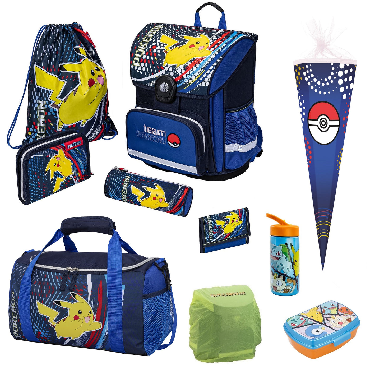 Blauer Pokemon Schulranzen abgebildet mit Zubehör Federmappe, Turn- & Geldbeutel und Schlamperetui, Sporttasche, Dose, Flasche, Schultüte und Regenschutz