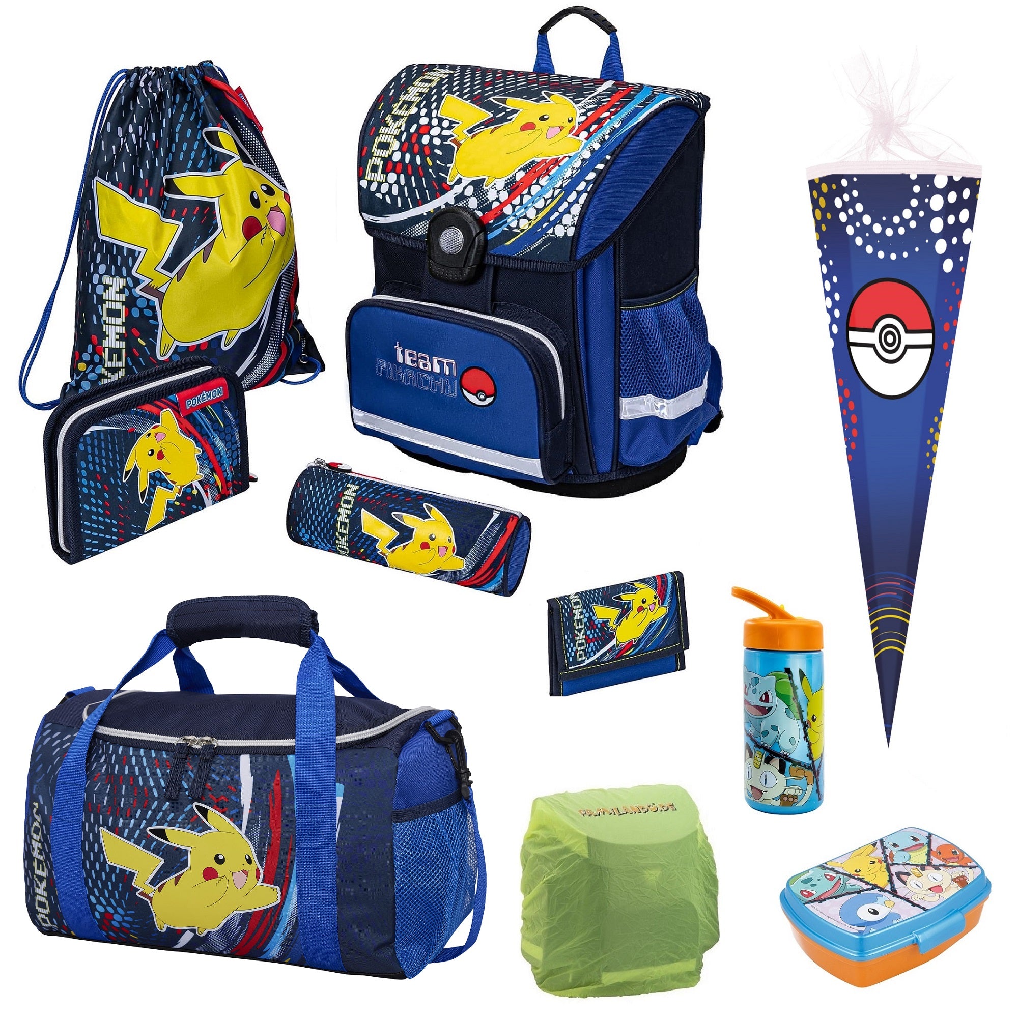 Blauer Pokemon Schulranzen abgebildet mit Zubehör Federmappe, Turn- & Geldbeutel und Schlamperetui, Sporttasche, Dose, Flasche, Schultüte und Regenschutz