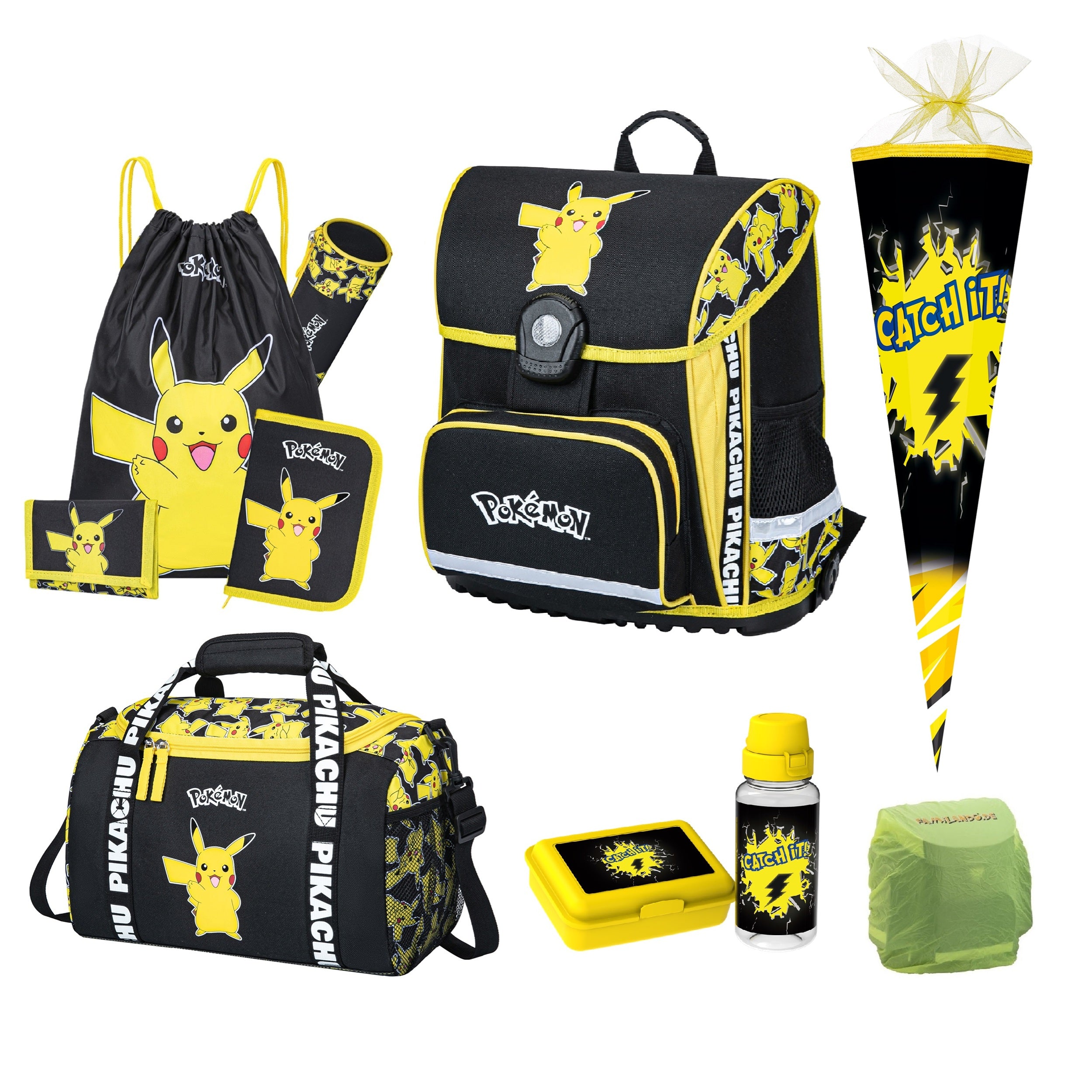 Schwarz Gelber Pokemon Schulranzen mit Pikachu Motiv und Schriftzug im Set mit Schulzubehör