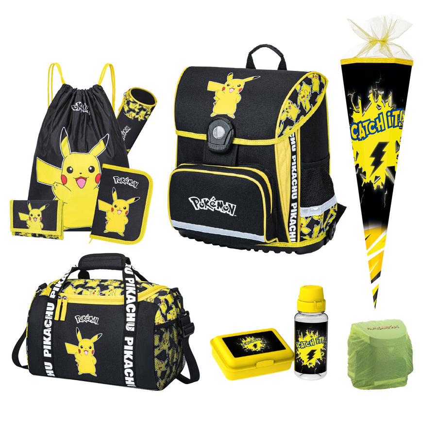 Schwarz Gelber Pokemon Schulranzen mit Pikachu Motiv und Schriftzug im Set mit Schulzubehör