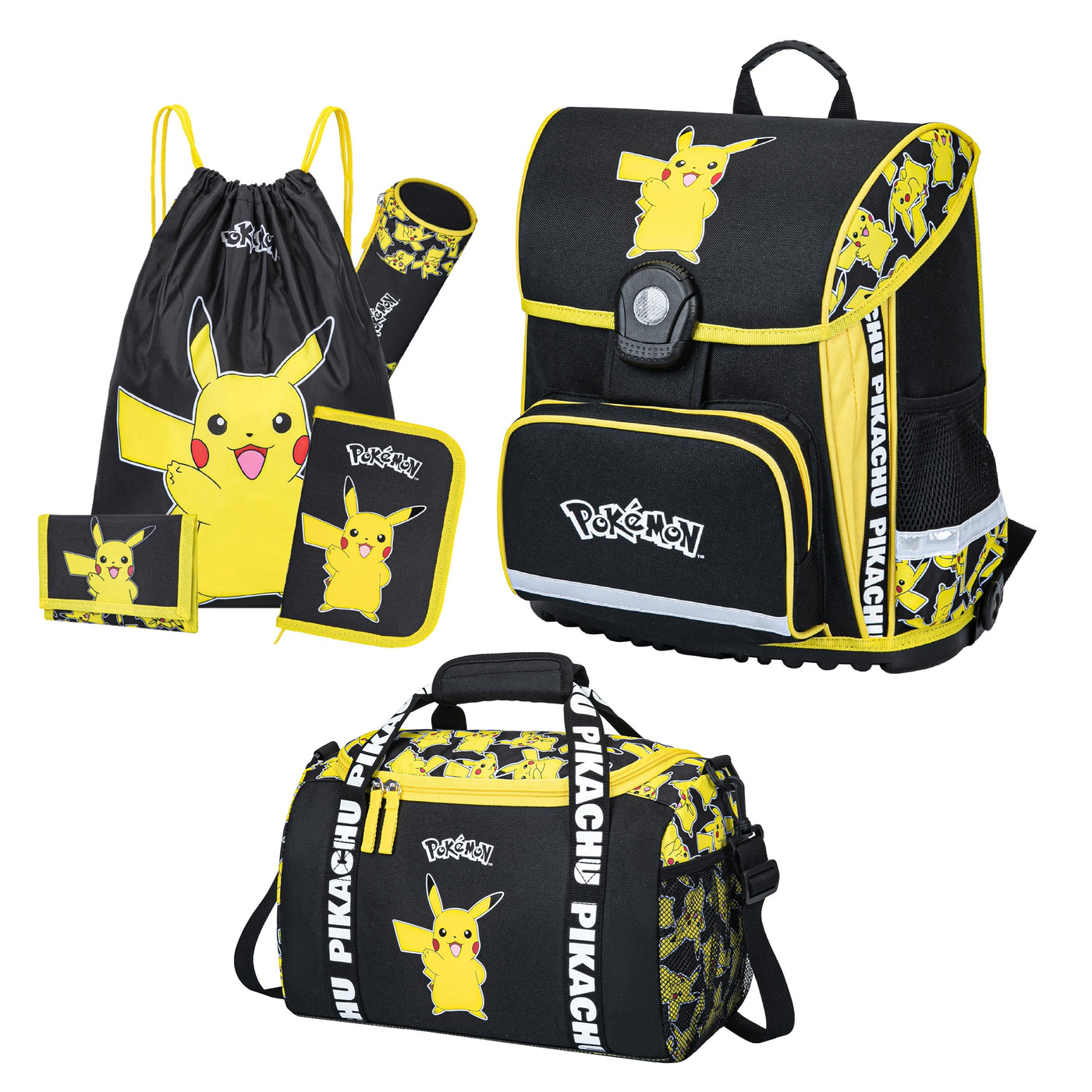 Gelber Pokemon Schulranzen abgebildet mit Zubehör Federmappe, Turn- & Geldbeutel, Schlamperetui und großer Sporttasche