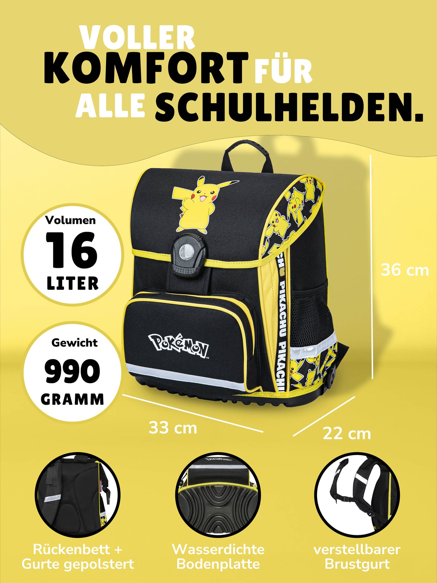 Infotafel Gewicht 990 Gramm und 16L Volumen des Schulranzens mit wasserdichtem Boden, Brusgurt und Ergonomischen Rückenpolster