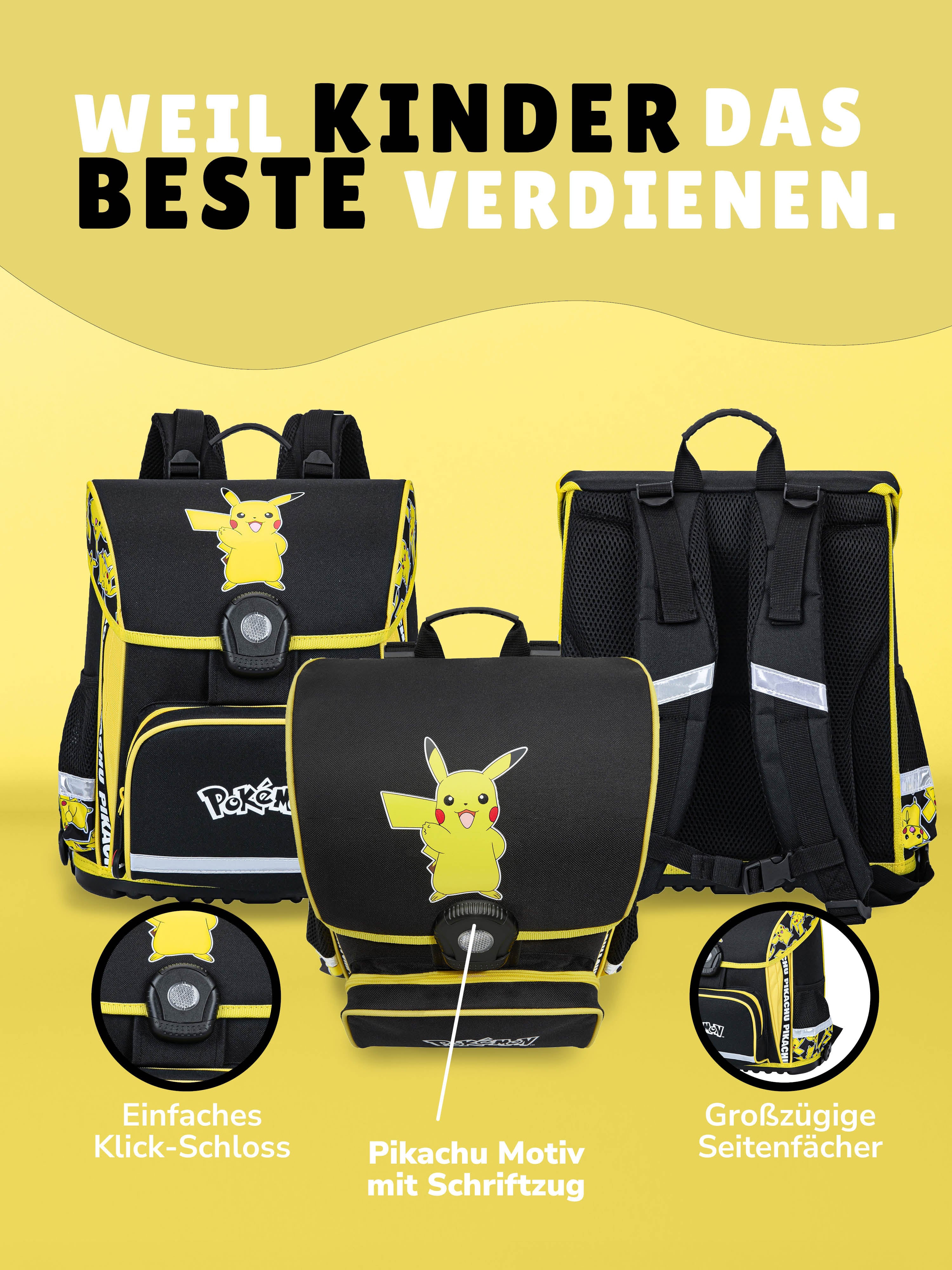 3-Fach Ansicht Front, Rück, und Deckel des Schulranzens in gelb schwarz mit großem Pikachu Motiv auf Deckel