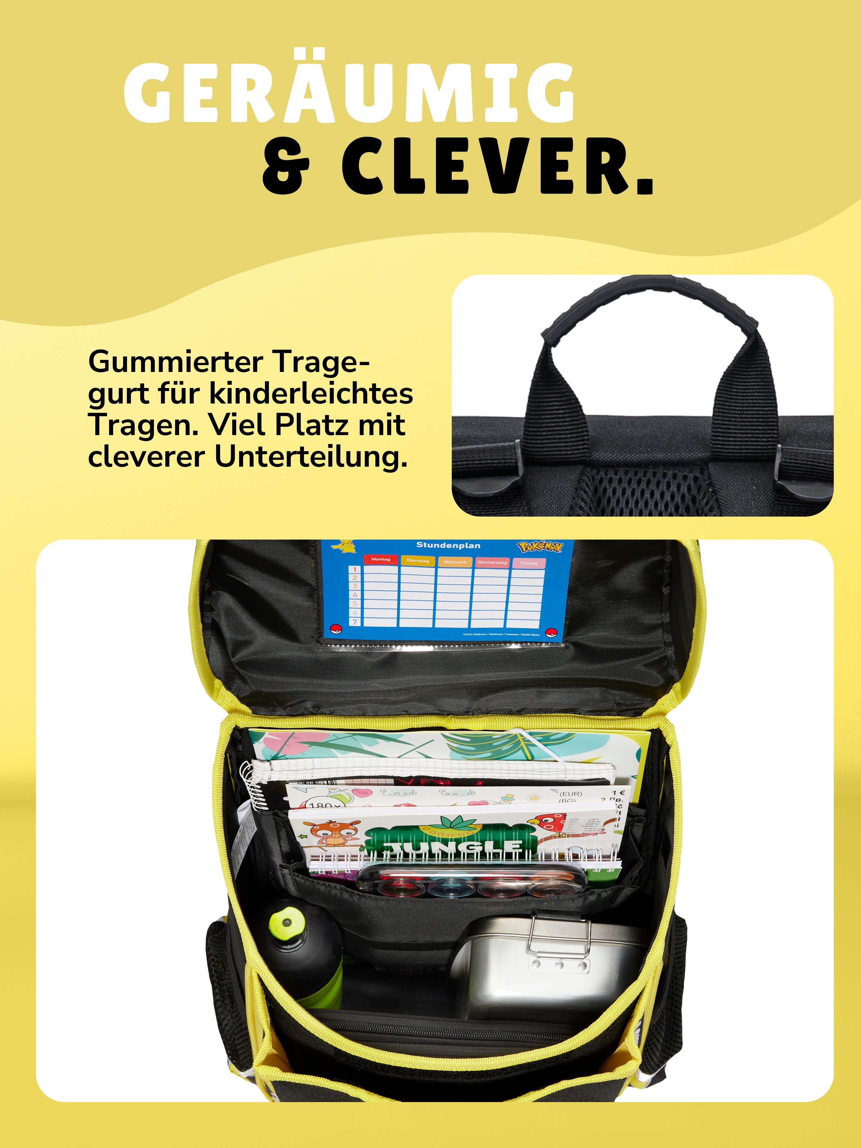 Innenansicht des Schulranzens mit Organizer Unterteilung + Detailaufnahme Gummierter Griff