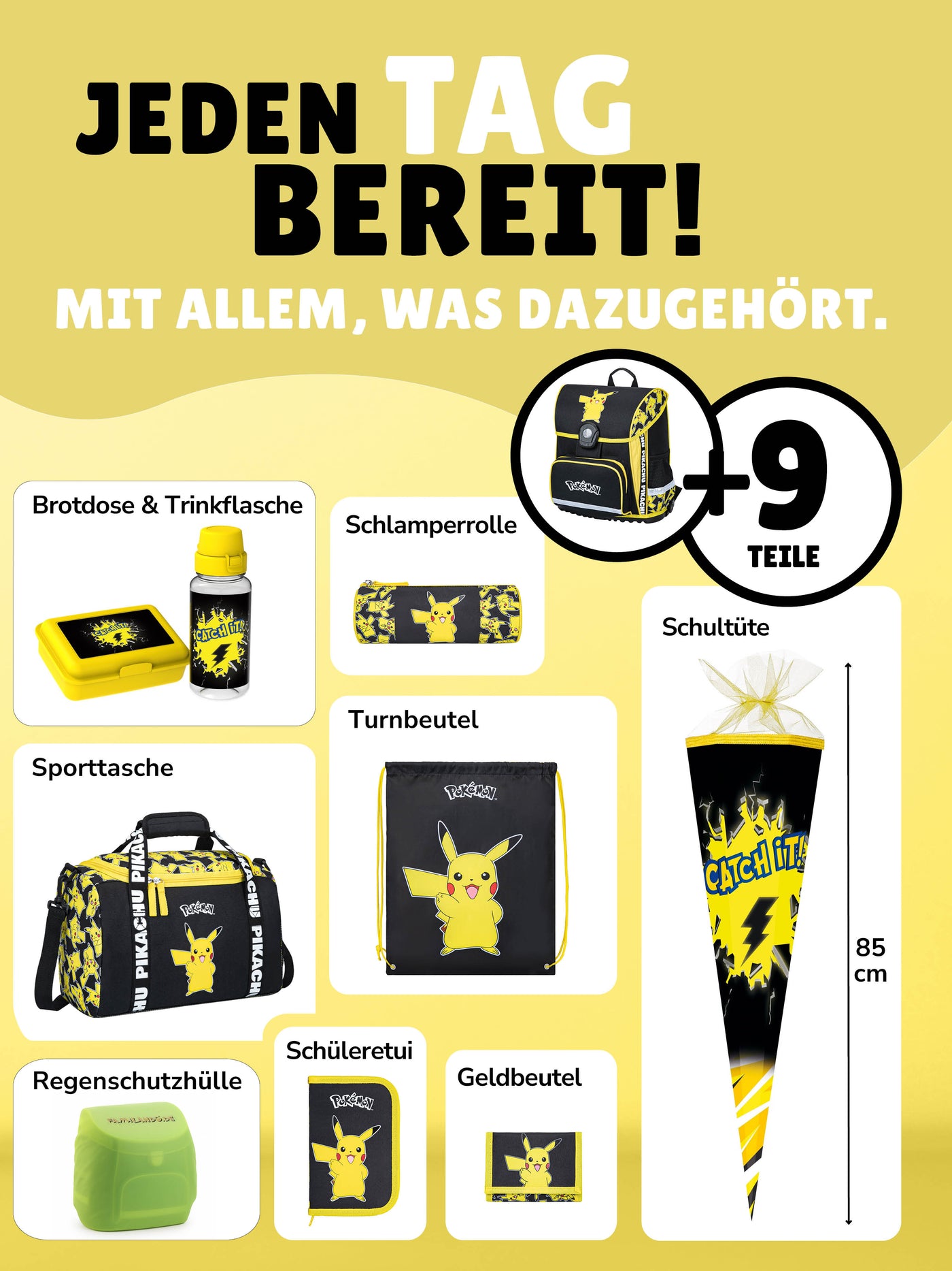 Familando Pokémon Schulranzen Set Pikachu, gelb - Pokemon Schultasche ab 1. Klasse