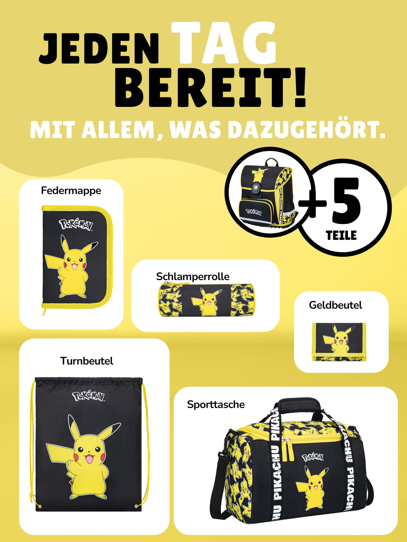Familando Pokémon Schulranzen Set Pikachu, gelb - Pokemon Schultasche ab 1. Klasse