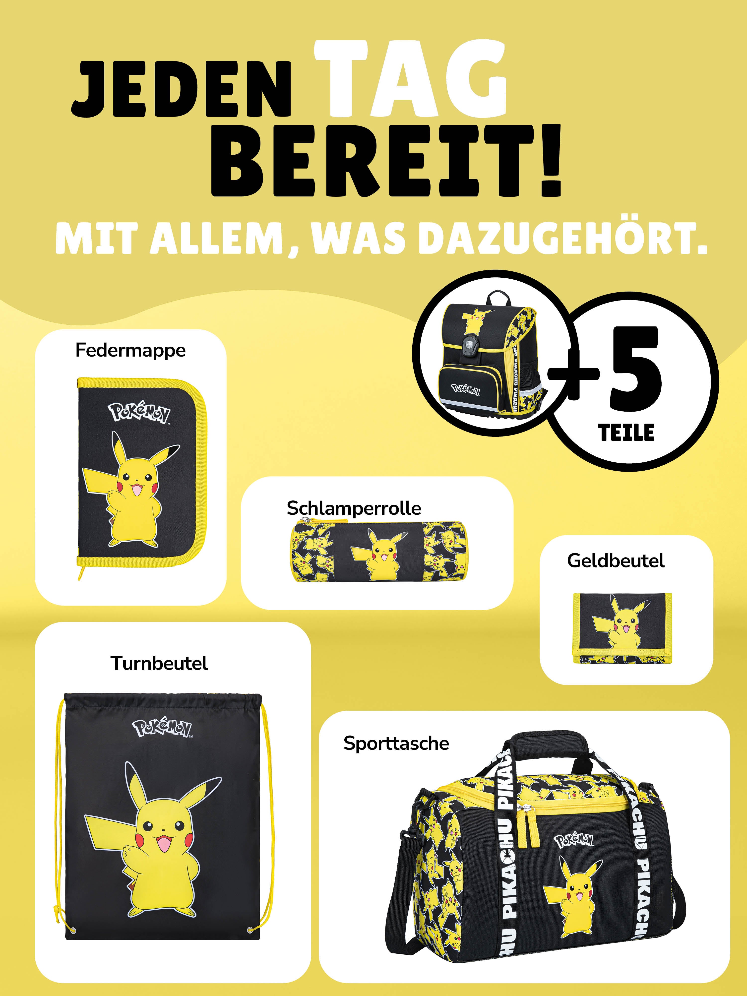 Familando Pokémon Schulranzen Set Pikachu, gelb - Pokemon Schultasche ab 1. Klasse