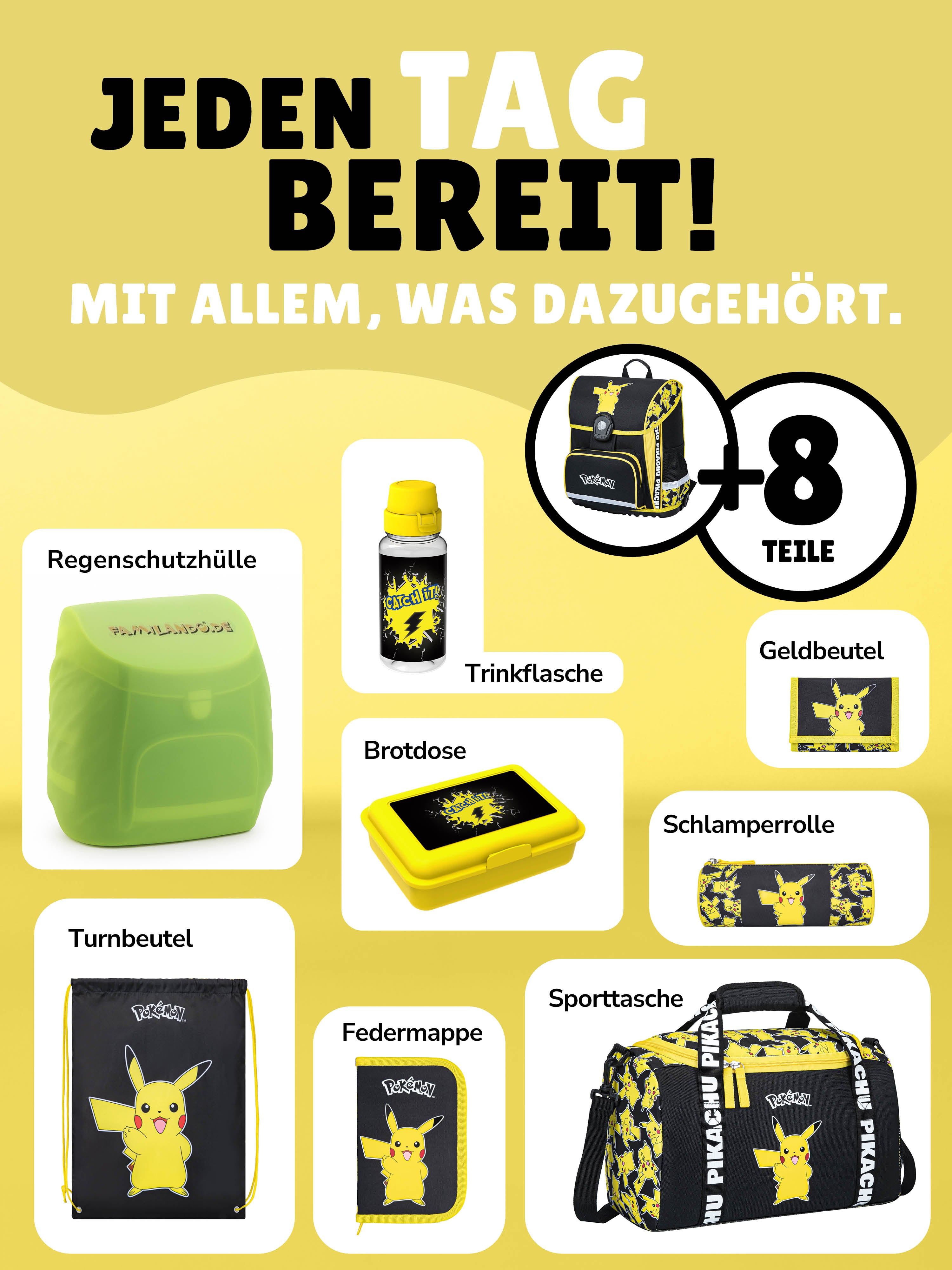 Gelber Pokemon Schulranzen abgebildet mit Zubehör Federmappe, Turn- & Geldbeutel und Schlamperetui, Sporttasche, Dose, Falsche und Regenschutz