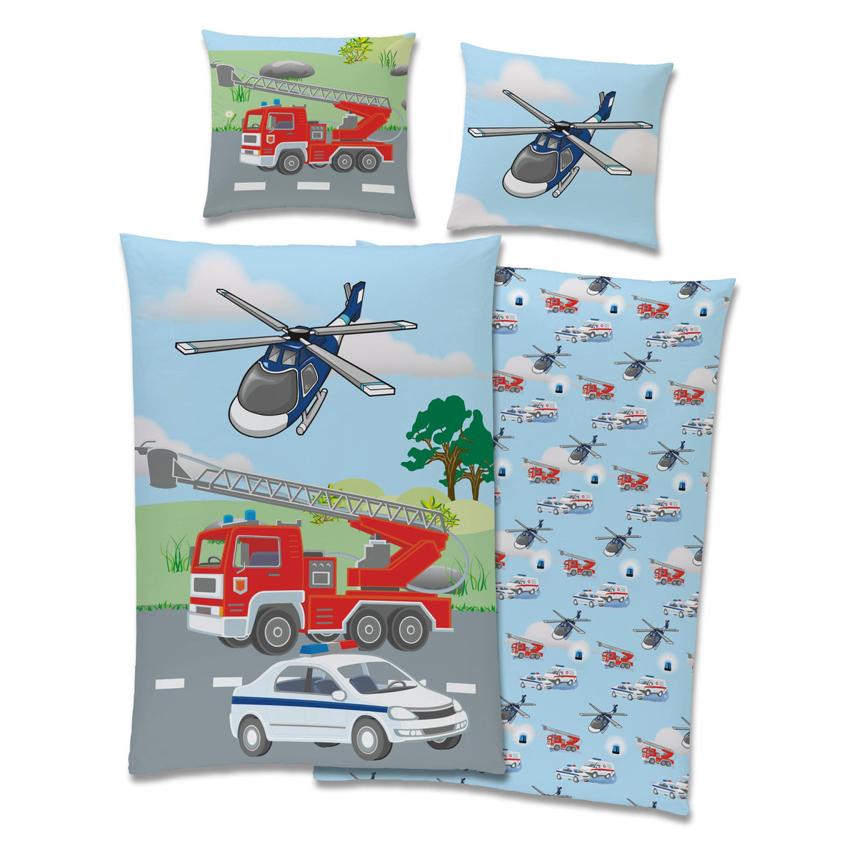 Polizei Feuerwehr Bettwäsche 135x200 80x80 cm 2-tlg. Set Hellblau