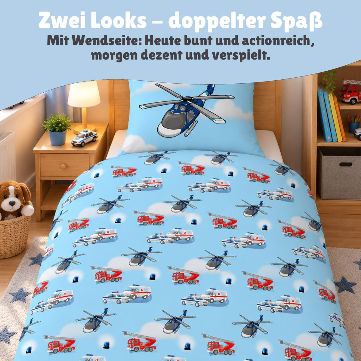 Kinderbettwäsche mit Polizei und Feuerwehrauto + Helikopter auf Bett gezogen