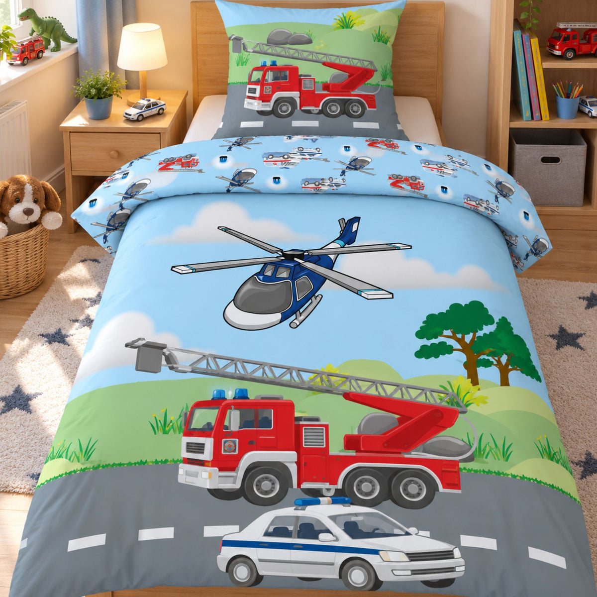 Kinderbettwäsche mit Feuerwehrauto Polizeiauto und Hubschrauber 135x200 cm
