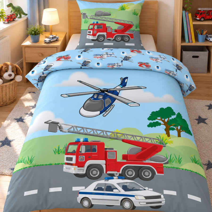Kinderbettwäsche mit Feuerwehrauto Polizeiauto und Hubschrauber 135x200 cm