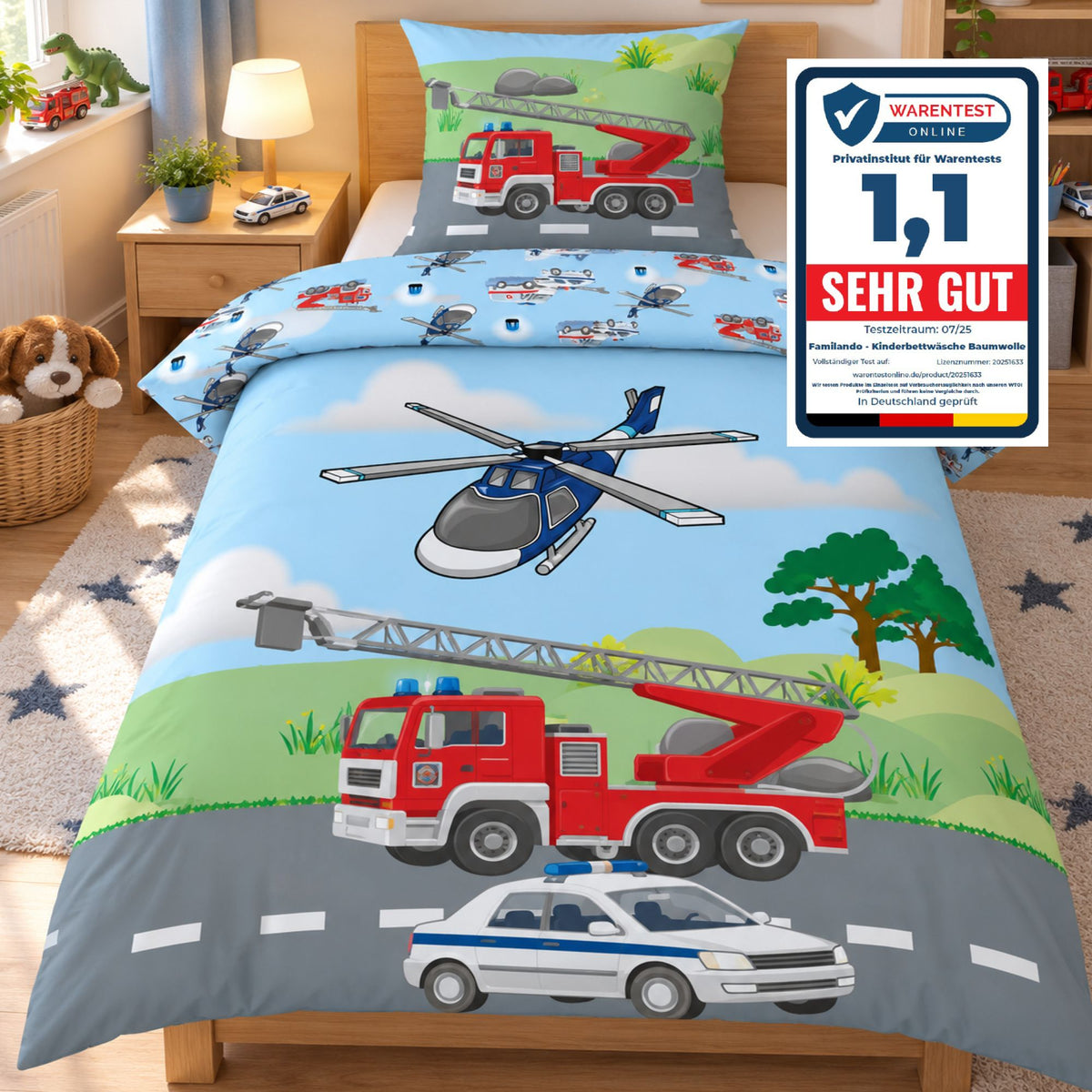 Polizei Feuerwehr Bettwäsche 135x200 80x80 cm 2-tlg. Set Hellblau
