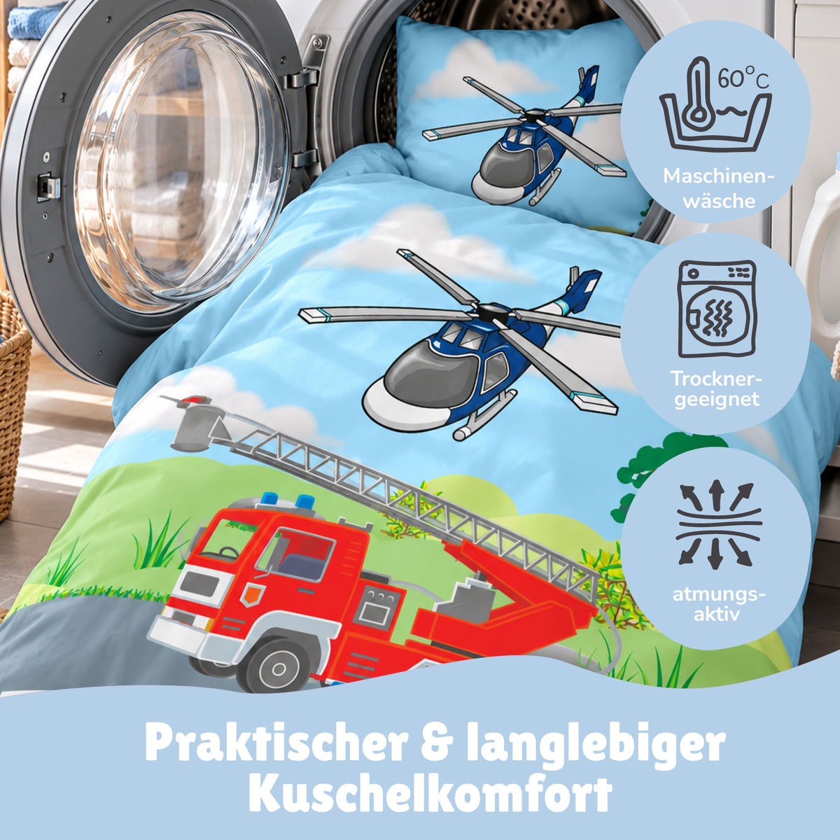 Polizei Feuerwehr Bettwäsche 135x200 80x80 cm 2-tlg. Set Hellblau