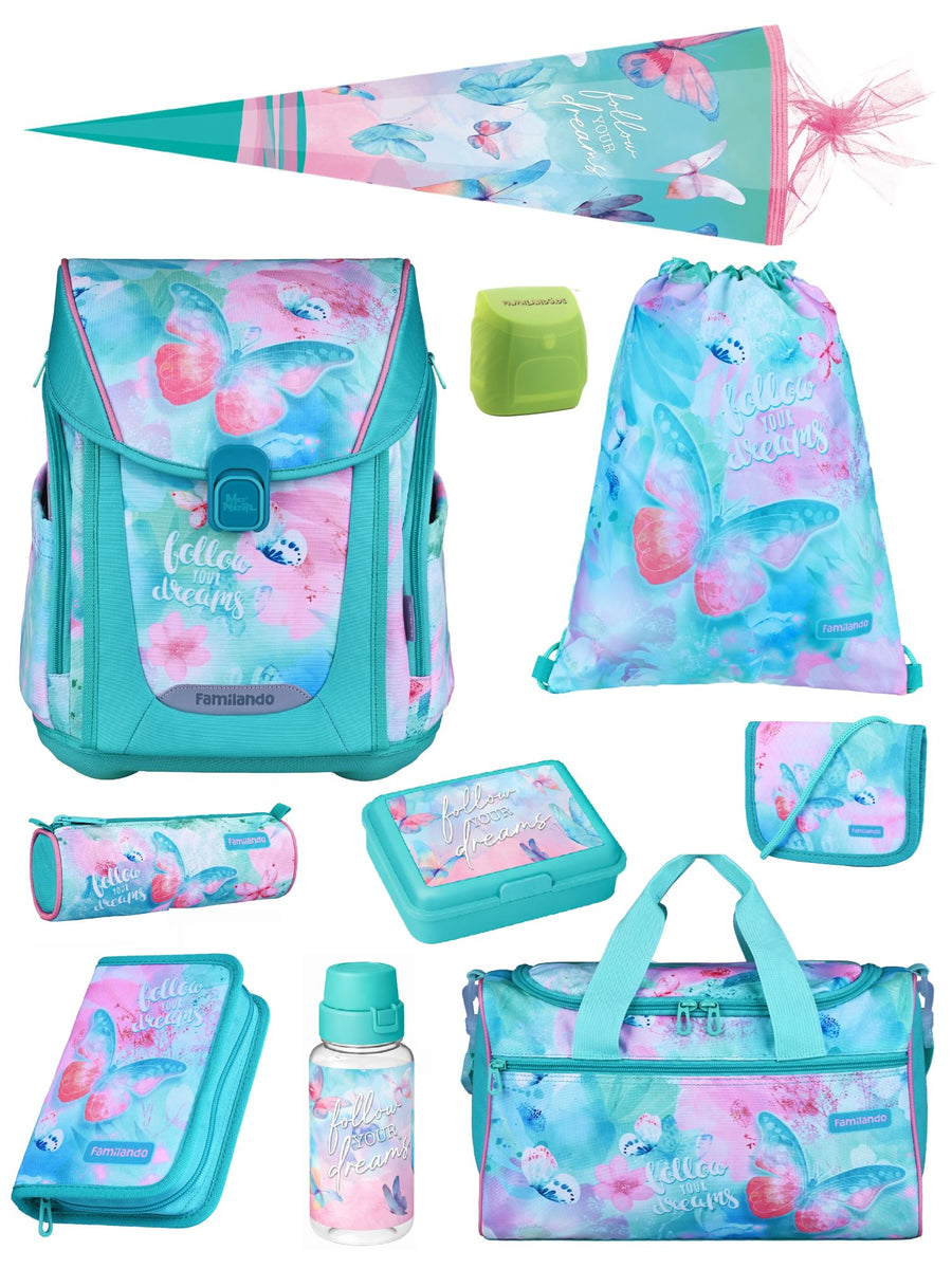 Familando Schulranzen-Set 10-teilig PREMIUM Schultasche BUTTERFLY mit Schultüte