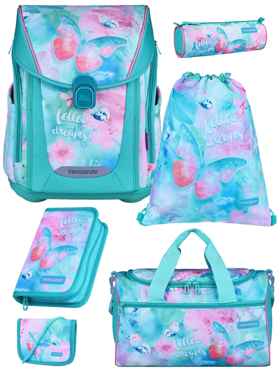 Familando Schulranzen-Set 6-teilig PREMIUM Schultasche BUTTERFLY ab der 1. Klasse