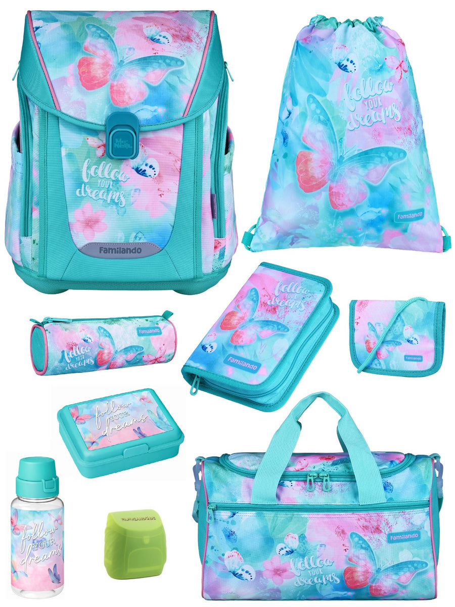 Familando Schulranzen-Set 9-teilig PREMIUM Schultasche BUTTERFLY mit Lunch-Set