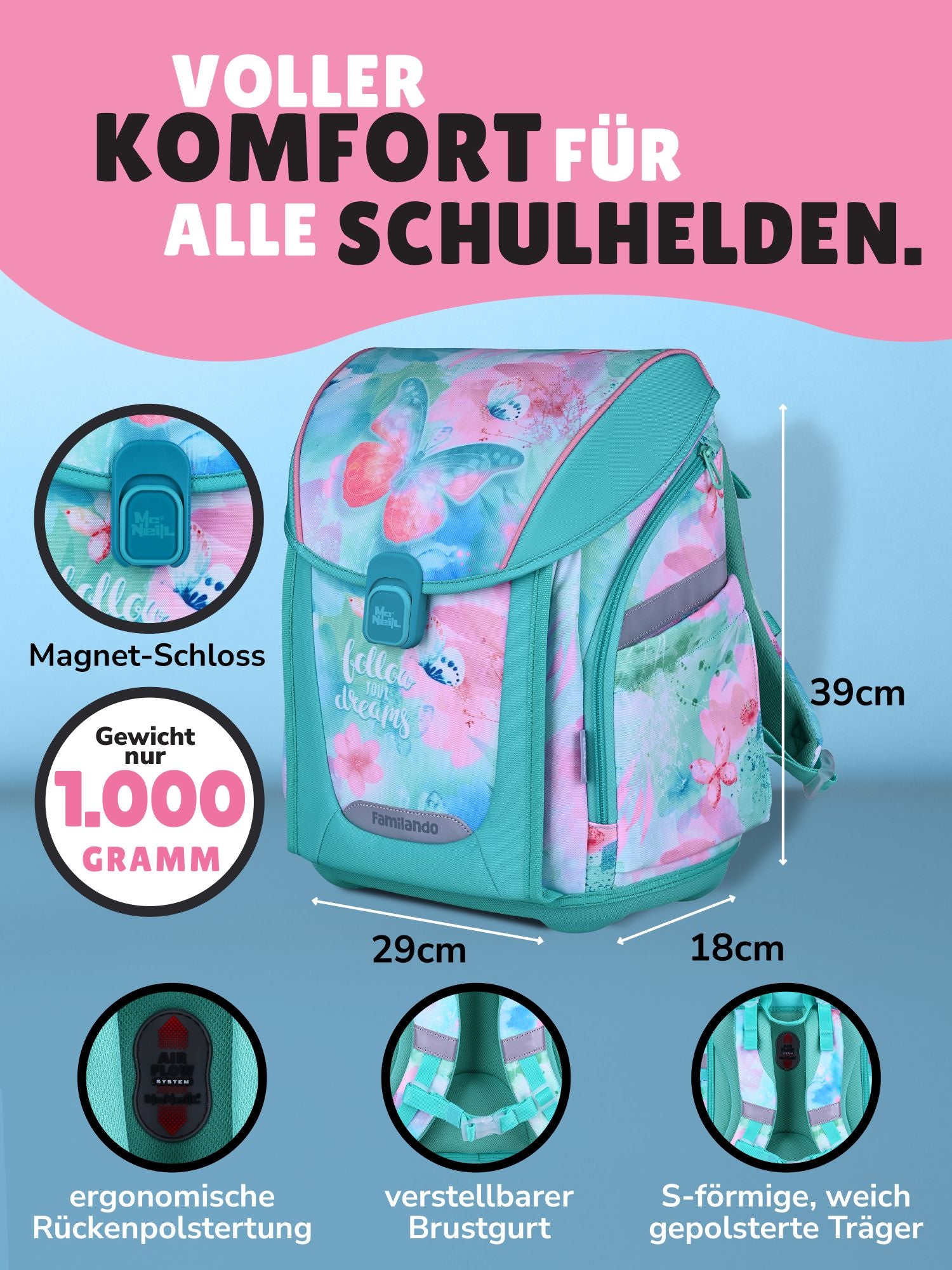 Familando Schulranzen-Set 10-teilig PREMIUM Schultasche BUTTERFLY mit Schultüte