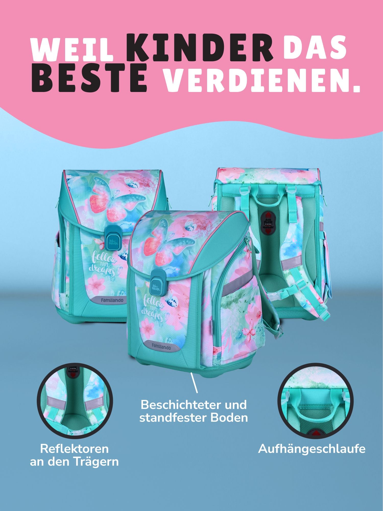 Familando Schulranzen-Set 10-teilig PREMIUM Schultasche BUTTERFLY mit Schultüte