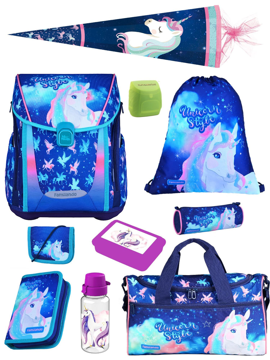PREMIUM Mädchen Schulranzen 1. Klasse in Blau Rosa mit UNICORN Einhorn Motiv 10-teilig Schultaschen Set mit Schultüte / Zuckertüte
