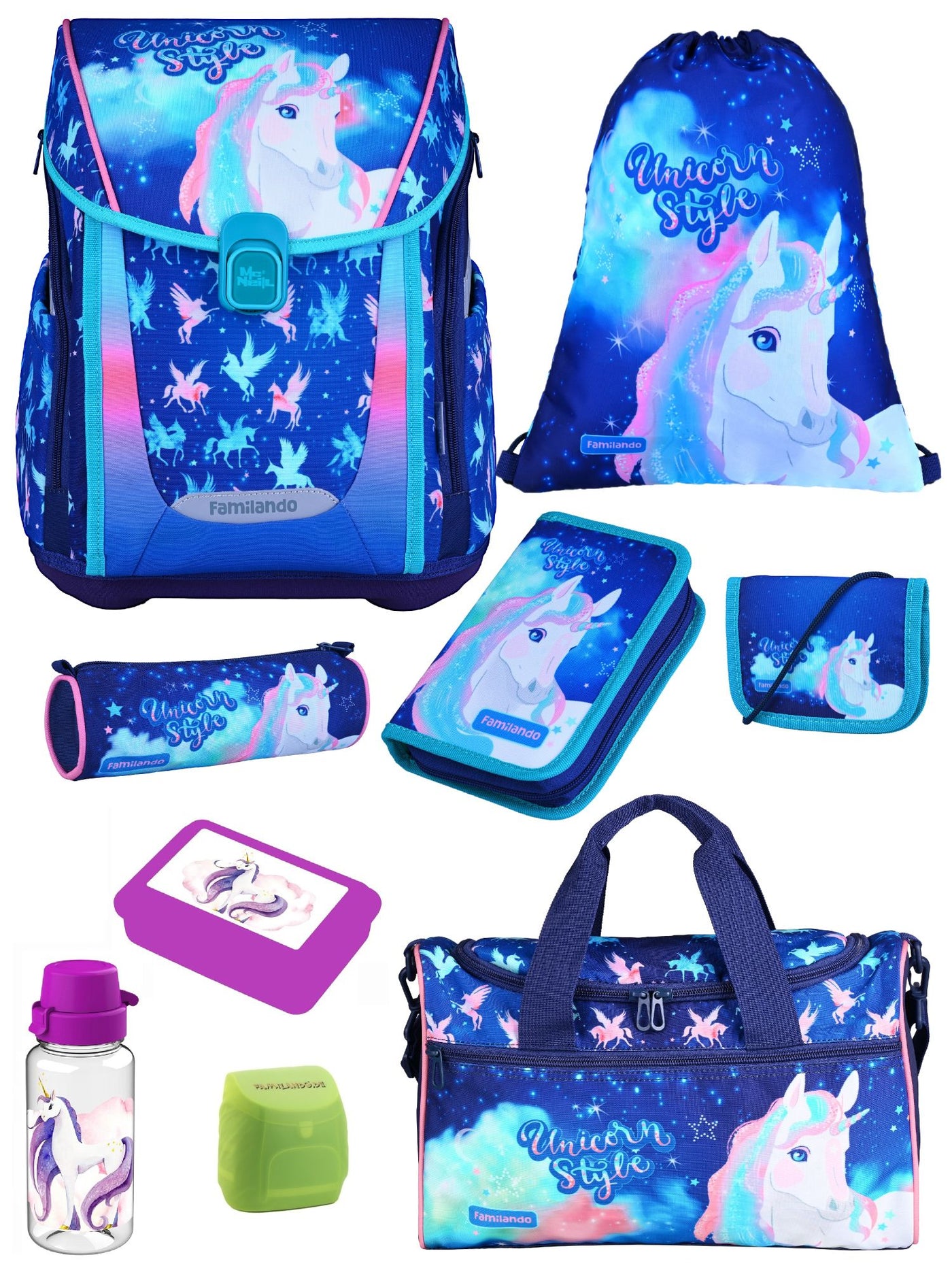 Familando Mädchen Schulranzen Set UNICORN Einhorn Schultasche ab der 1. Klasse