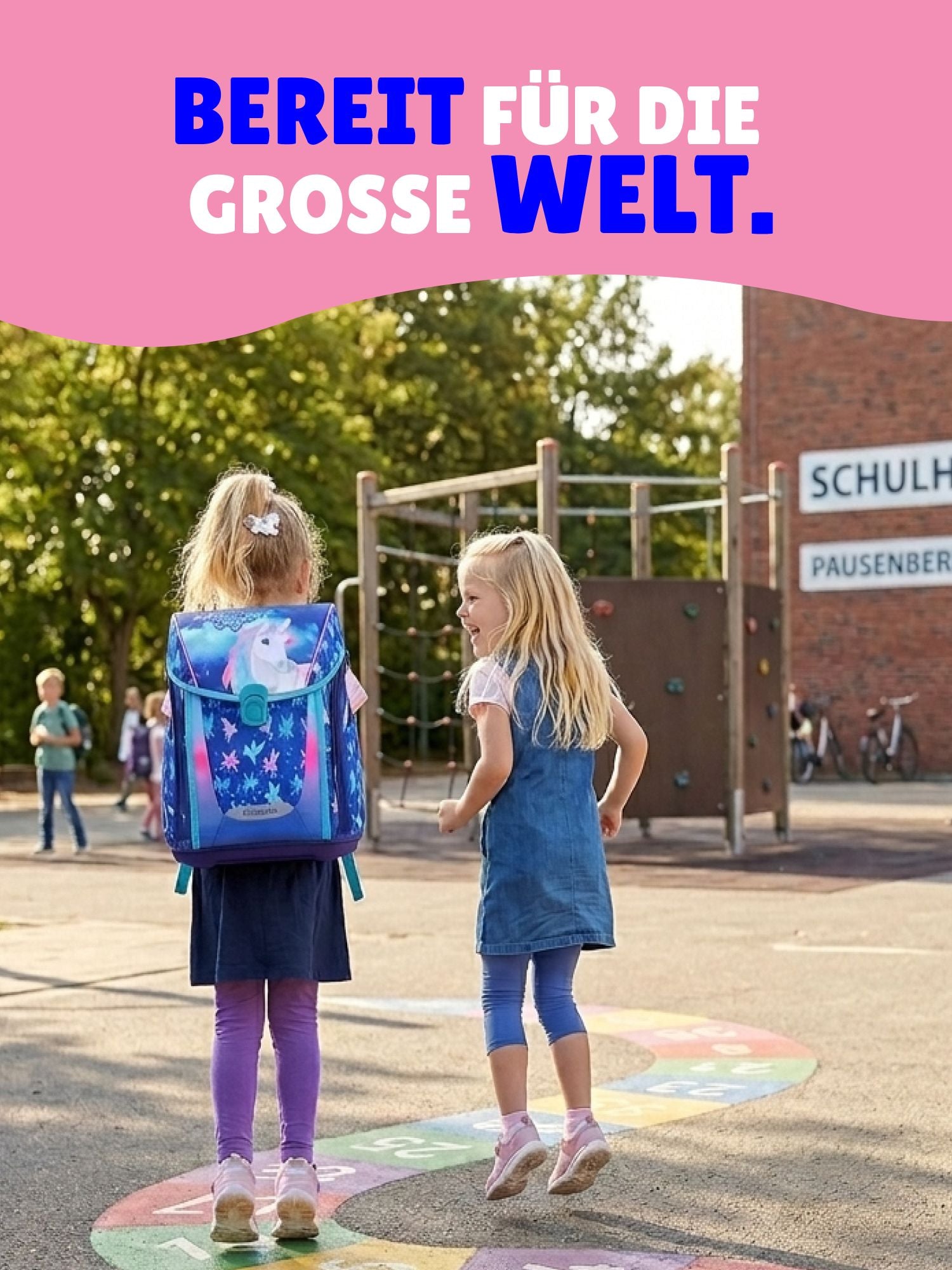 PREMIUM Mädchen Schulranzen 1. Klasse in Blau Rosa mit UNICORN Einhorn Motiv 10-teilig Schultaschen Set mit Schultüte / Zuckertüte