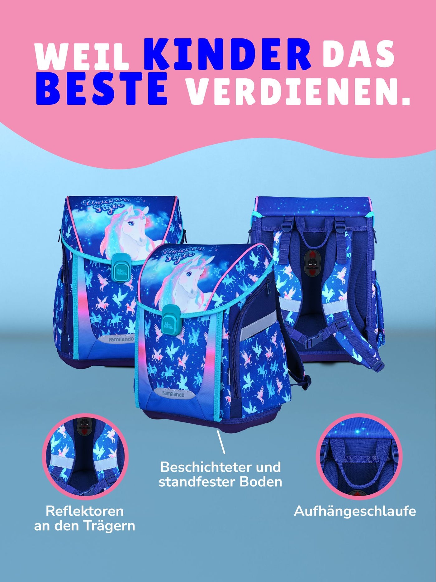 Familando Mädchen Schulranzen Set UNICORN Einhorn Schultasche ab der 1. Klasse