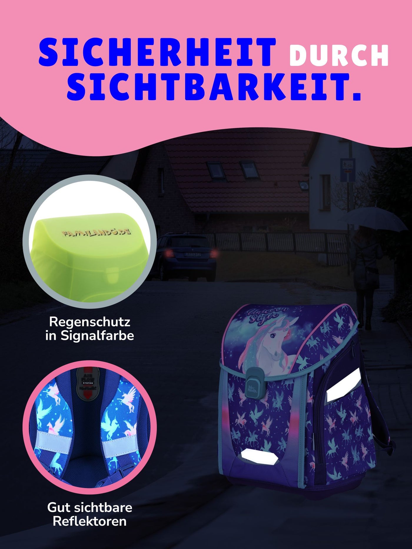 PREMIUM Mädchen Schulranzen 1. Klasse in Blau Rosa mit UNICORN Einhorn Motiv 10-teilig Schultaschen Set mit Schultüte / Zuckertüte