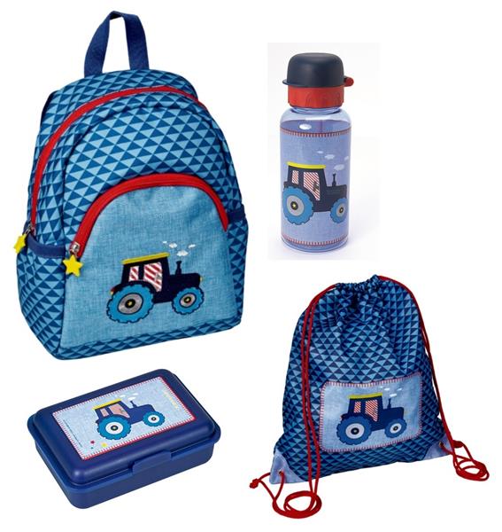 Die Spiegelburg Kindergartenrucksack "Traktor" für Jungen - Set 4-teilig mit Brotdose, Trinkflasche und Turnbeutel - Rucksack für KiTa ab 2 Jahren