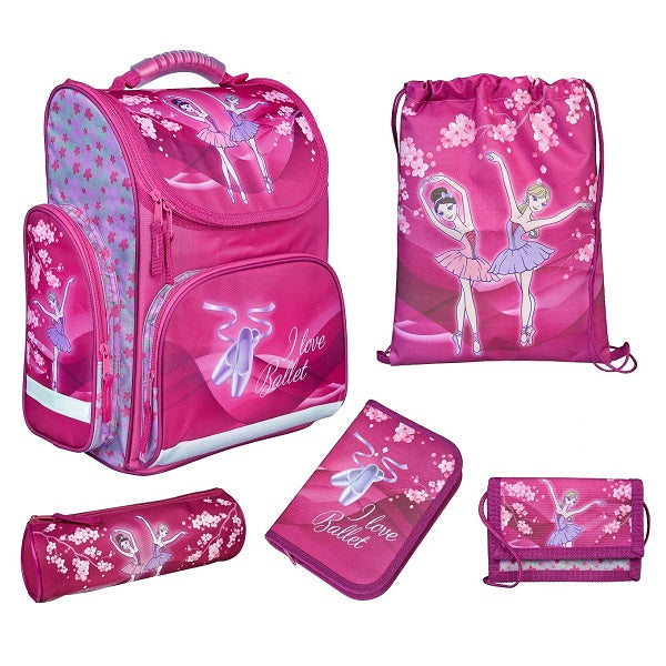 Mädchen 1. Klasse Schulranzen BALLERINA 5-teiliges Set (inkl. Federmappe, Schlamper, Turn- und Geldbeutel)