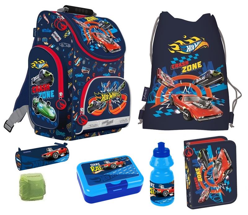 Jungen Schulranzen 7-teiliges Set Hot Wheels Tornister 1. Klasse mit Brotbox und Trinkflasche